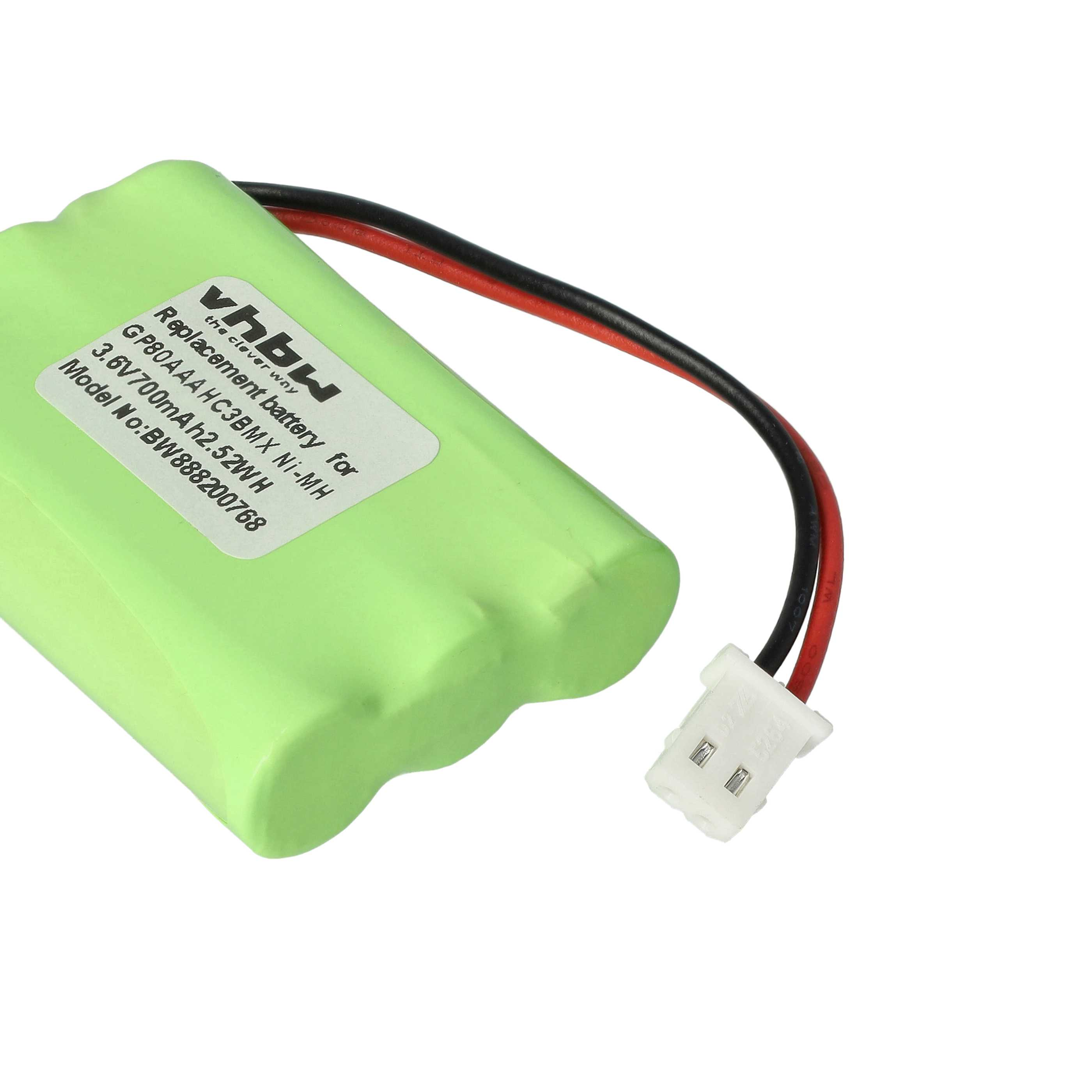 Ein grüner Akku mit weißem Stecker und schwarzen und roten Drähten. Text auf dem Etikett: Ersatzbatterie. Modell-Nr.: BW888200768.