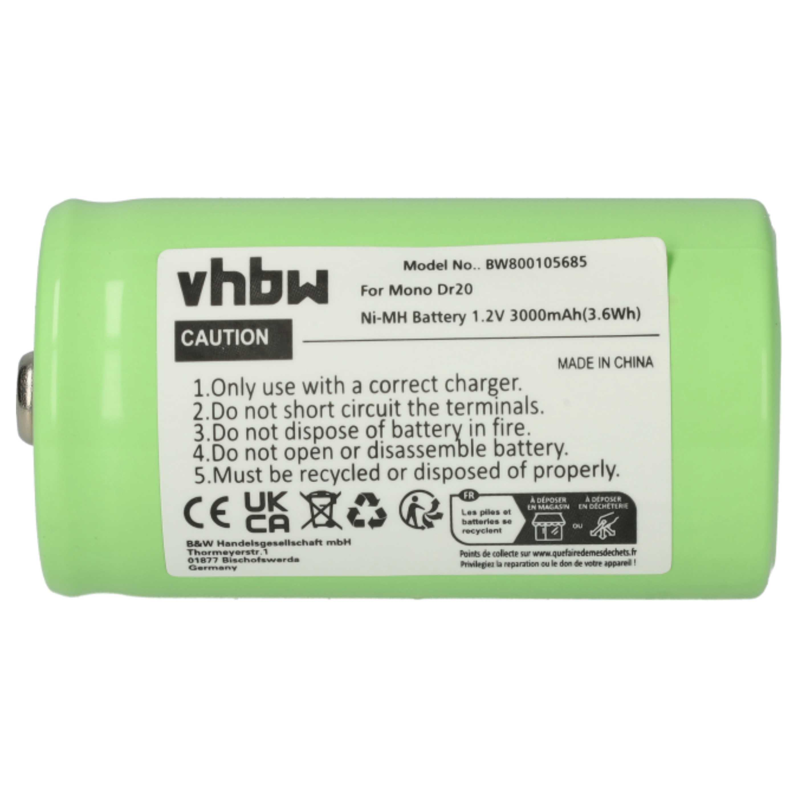 Eine grüne Batterie mit weißem Etikett. Es enthält Warnungen und Spezifikationen. Text beinhaltet: vhbw, Vorsicht und Made in China.