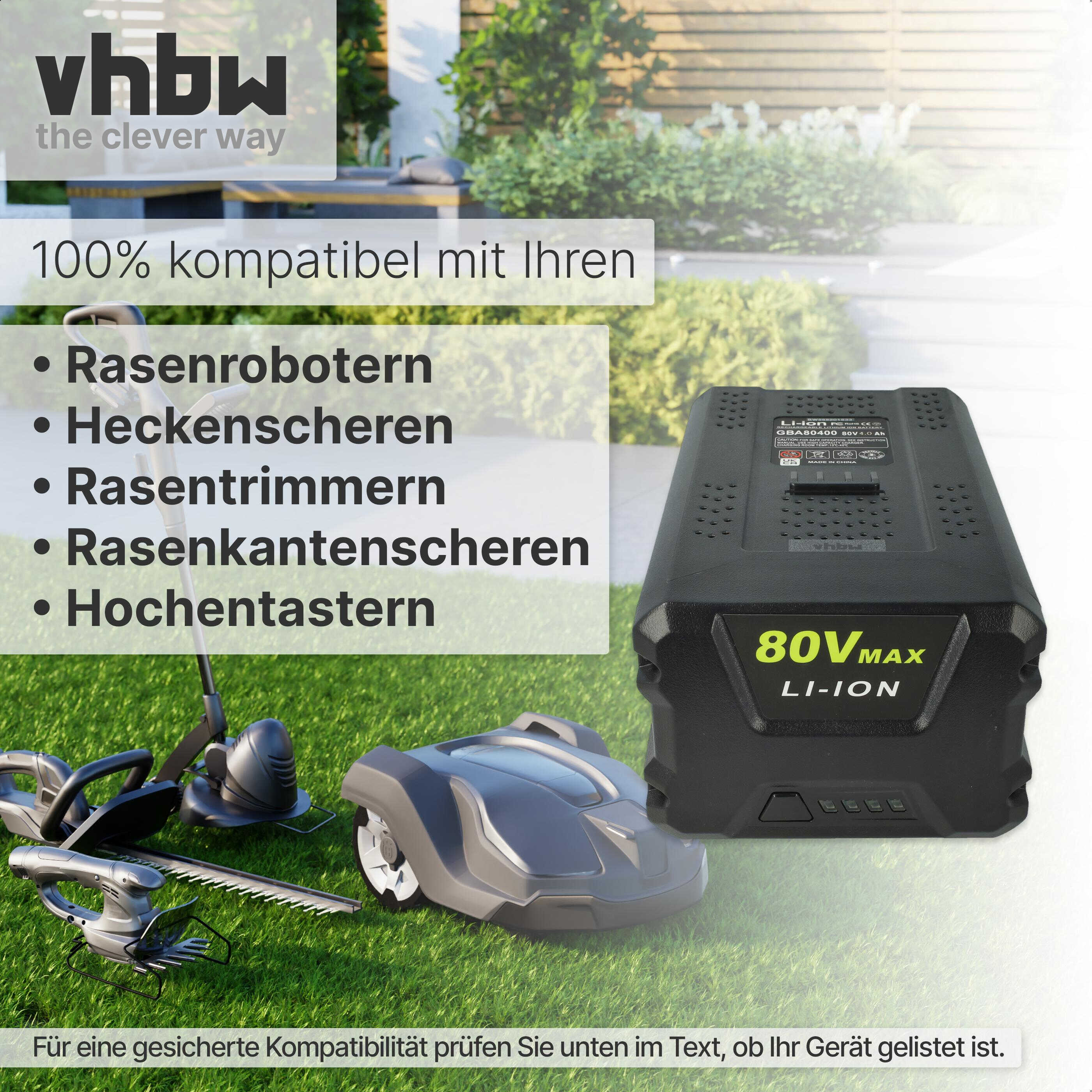 Das Bild zeigt Batterie, Rasenmäher und Gartengeräte. Text beinhaltet Kompatibilität mit verschiedenen Gartengeräten.