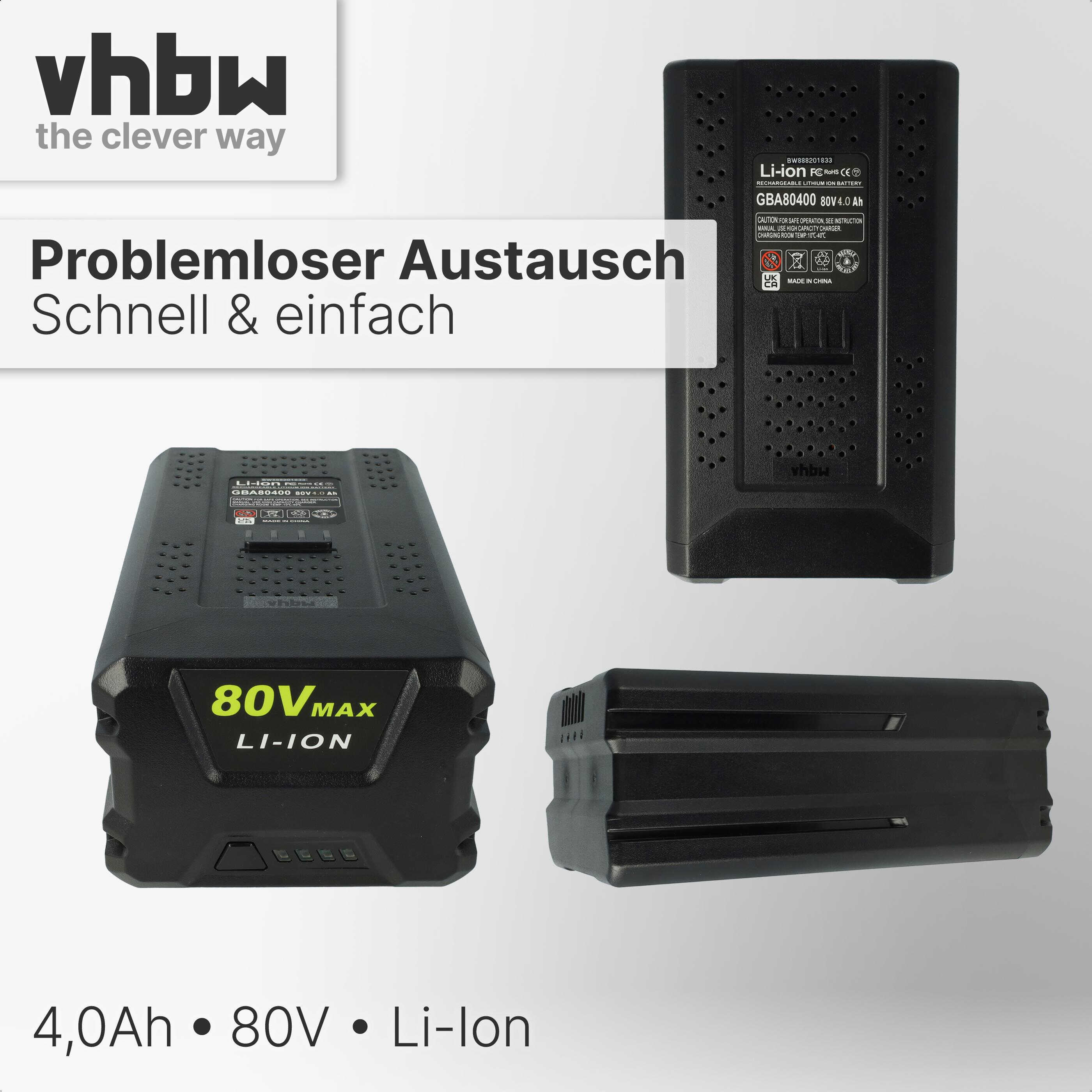 Das Bild zeigt drei schwarze Li-Ionen-Akkus. Oben steht 'vhbw the clever way'. Unten steht '4.0Ah 80V Li-Ion'.