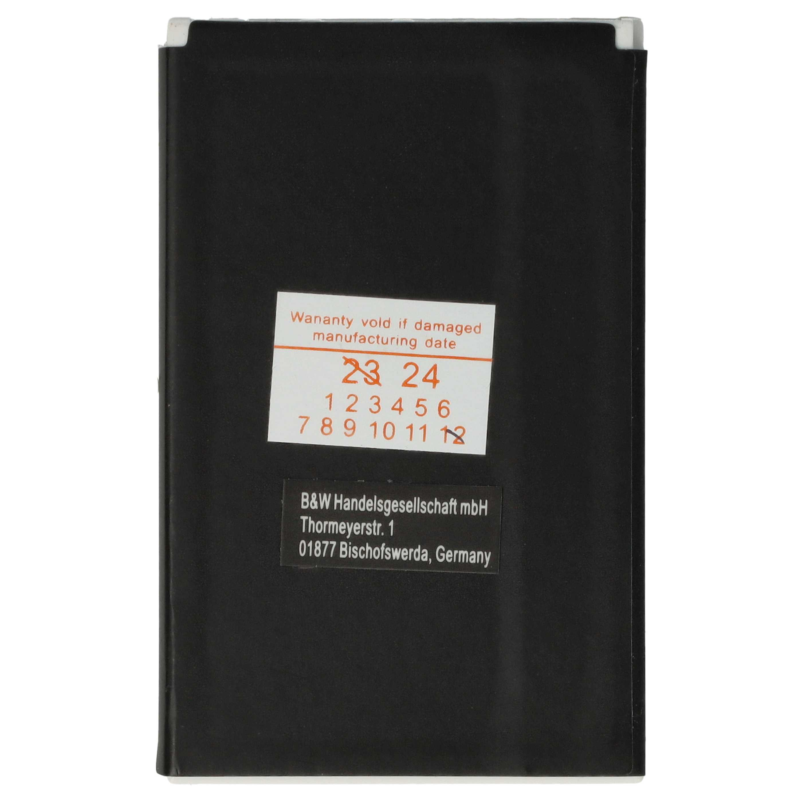 Schwarzes Objekt mit Aufkleber, der ein Datum und den Text "Garantie erlischt bei Beschädigung" zeigt. Der Text B&W ist sichtbar.