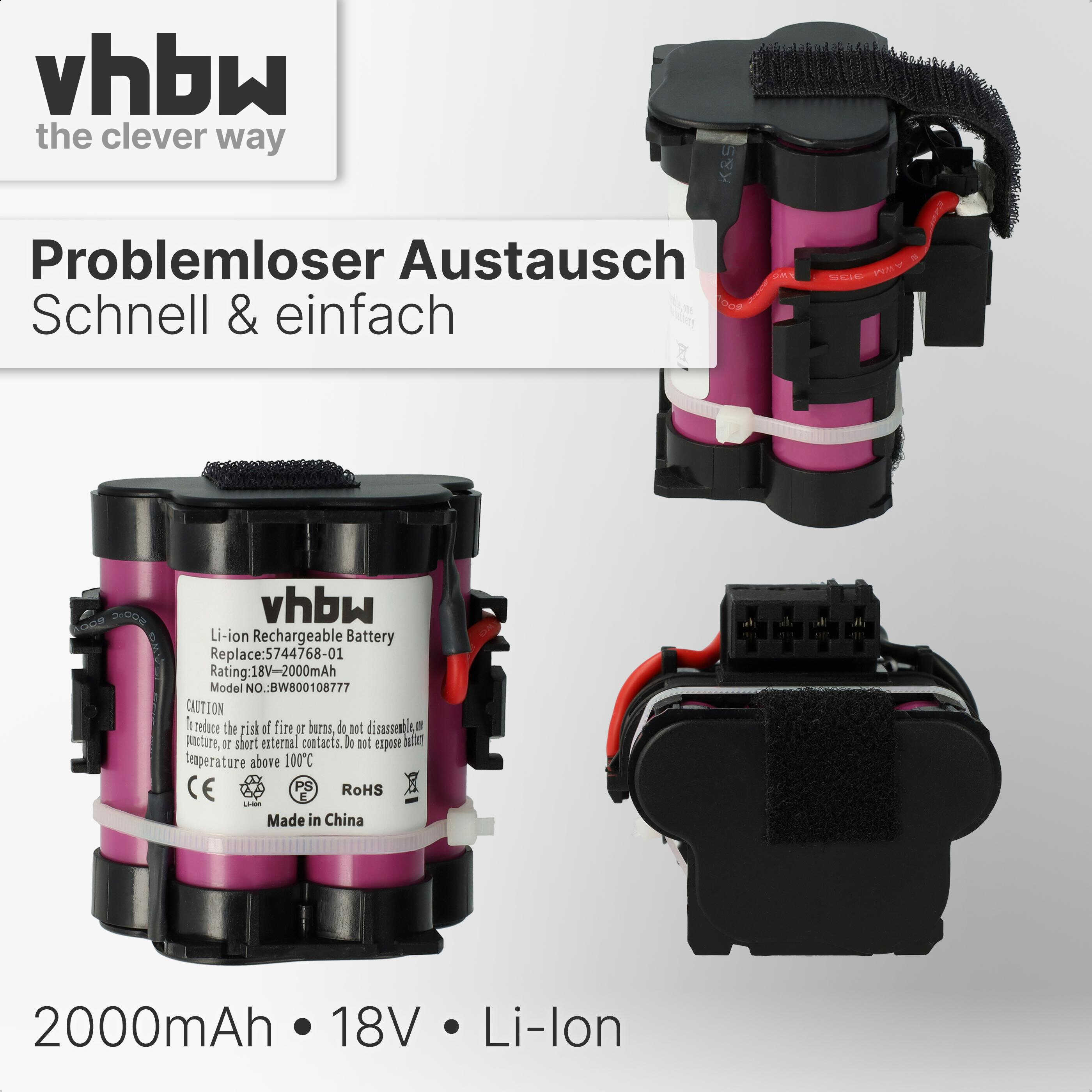 Das Bild zeigt drei Li-Ionen-Akkus mit Etiketten. Der Text enthält 'vhbw' und Spezifikationen wie 18V und 2000mAh. Schwarz und Rosa dominieren.