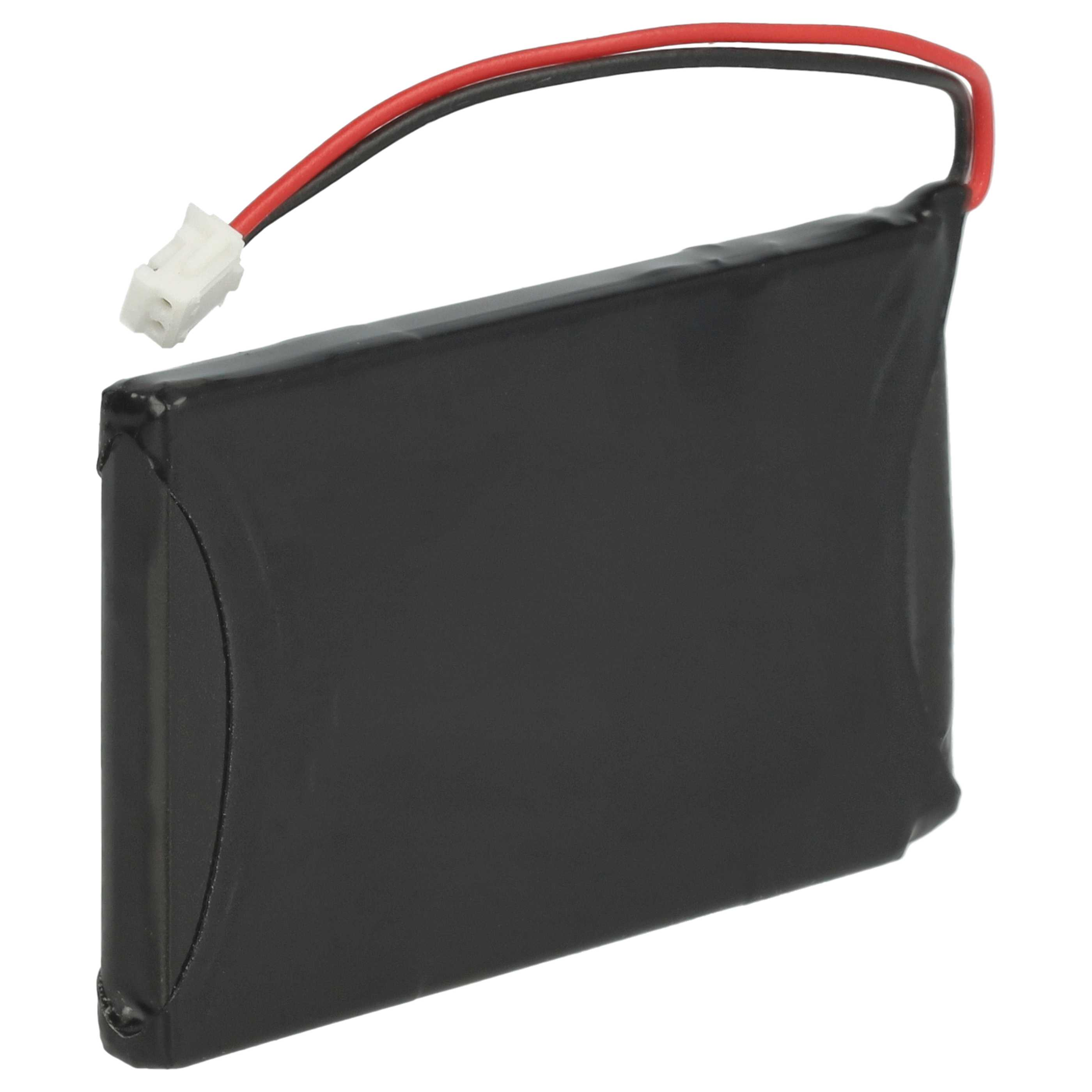 Ein schwarzer rechteckiger Akku mit roten und schwarzen Drähten, die an einem weißen Stecker befestigt sind.