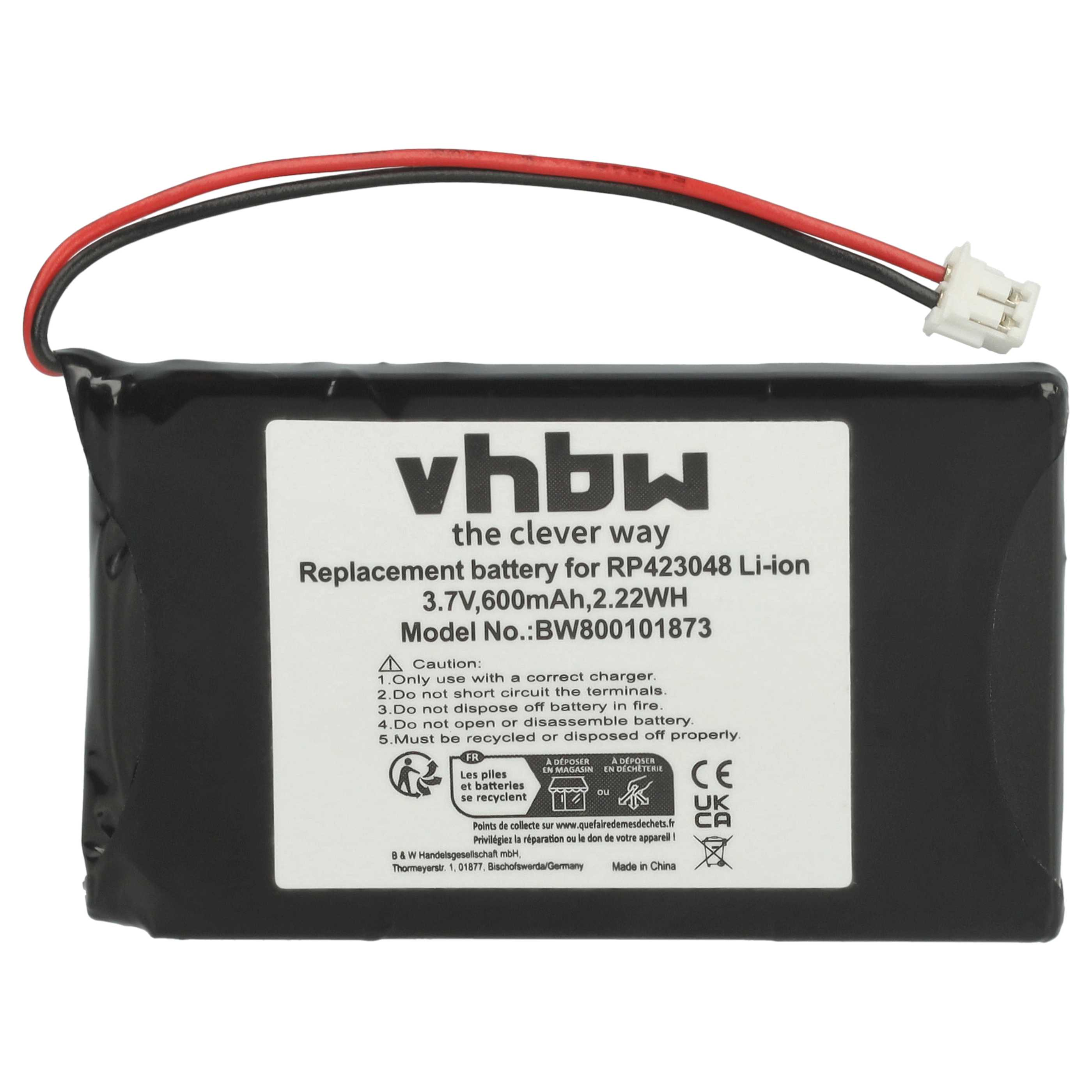 Rechteckiger schwarzer Akku mit weißem Etikett und rot/schwarzen Drähten. Text: vhbw, Ersatzbatterie. Warnsymbole und Recycling-Infos.