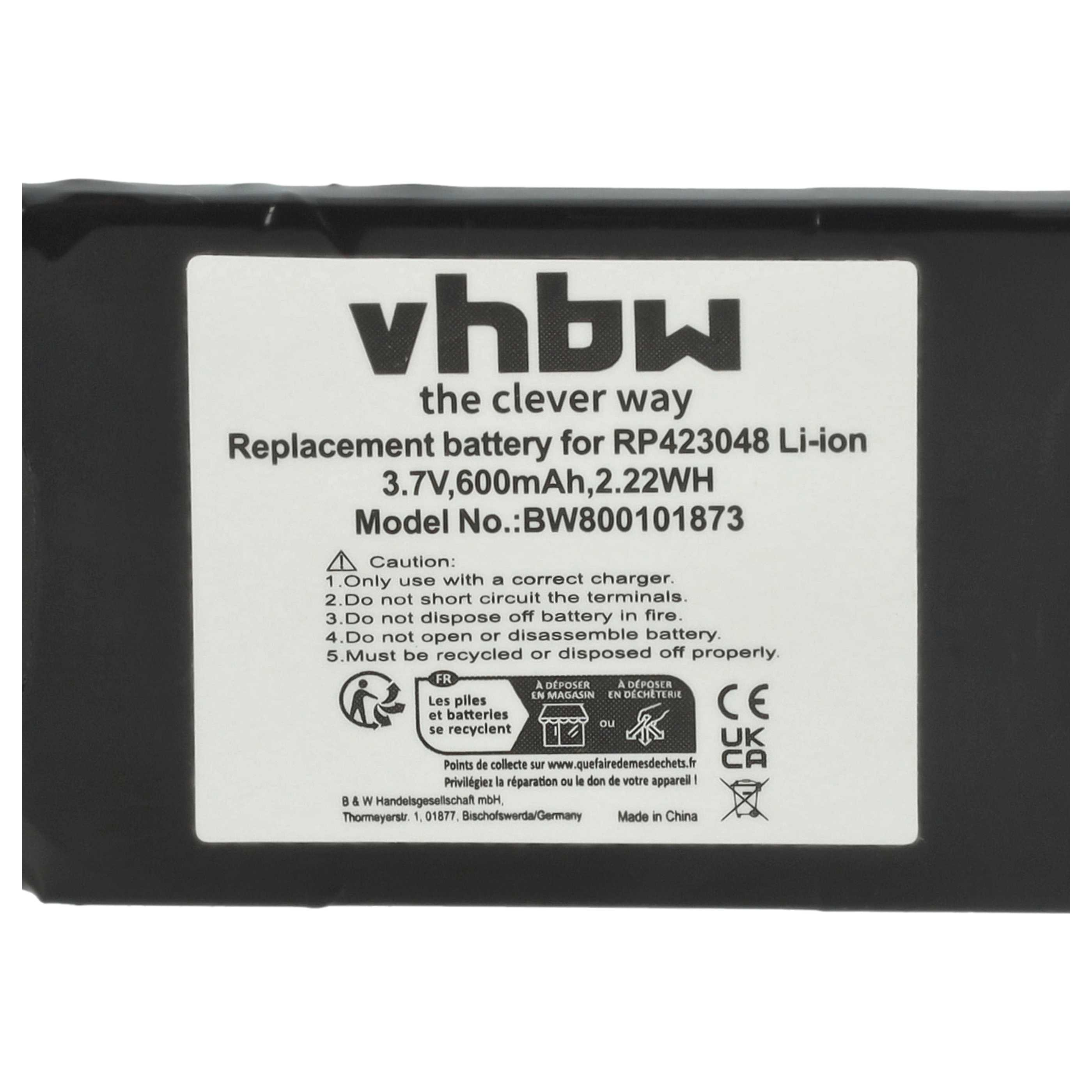 Ein Akku mit dem Logo 'vhbw'. Text enthält Akkuspezifikationen, Modellnummer und Recyclinghinweise. Ein CE-Zeichen ist ebenfalls abgebildet.