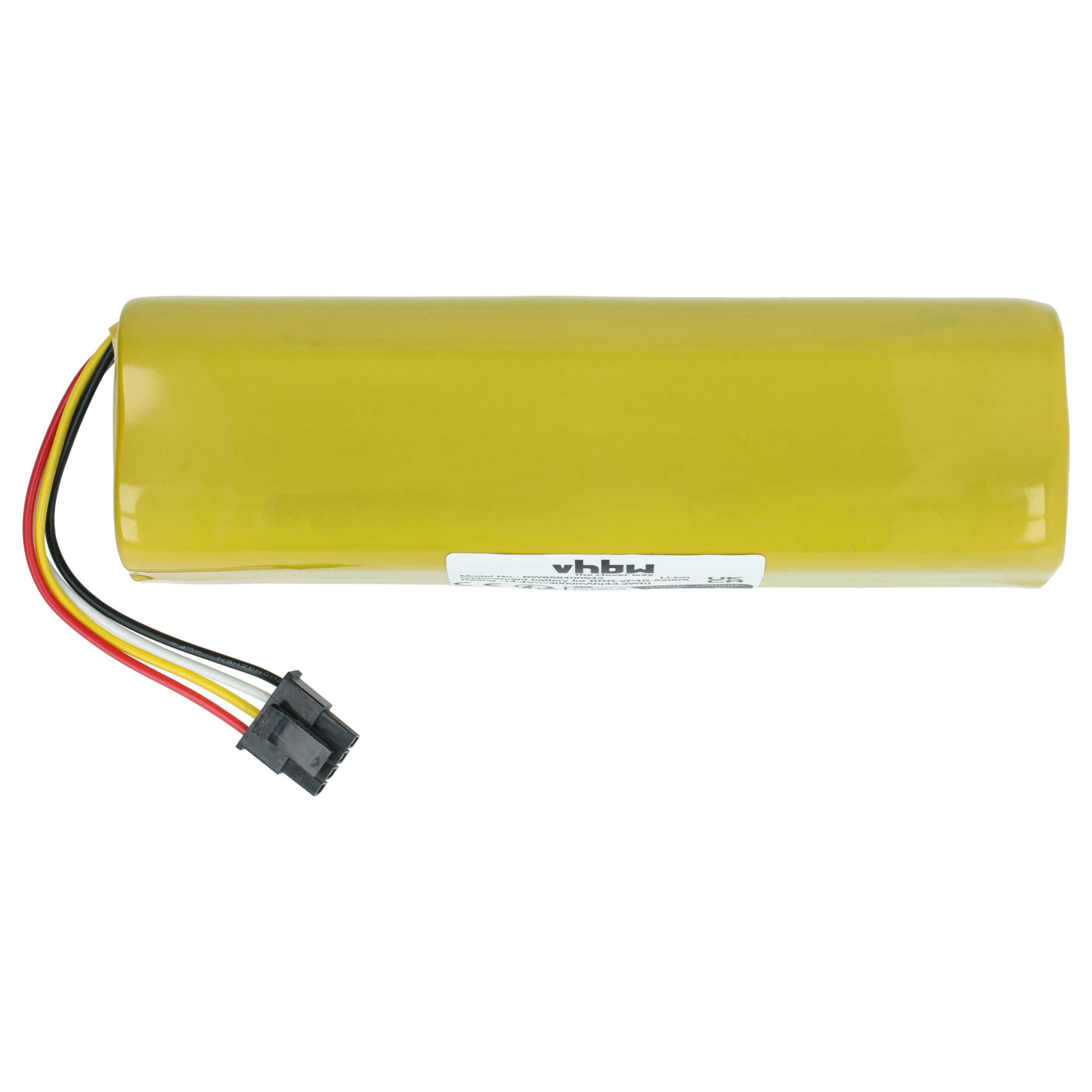 Ein gelber zylindrischer Akku mit Drähten und einem Stecker. Der Akku hat ein Etikett mit weißem Text.
