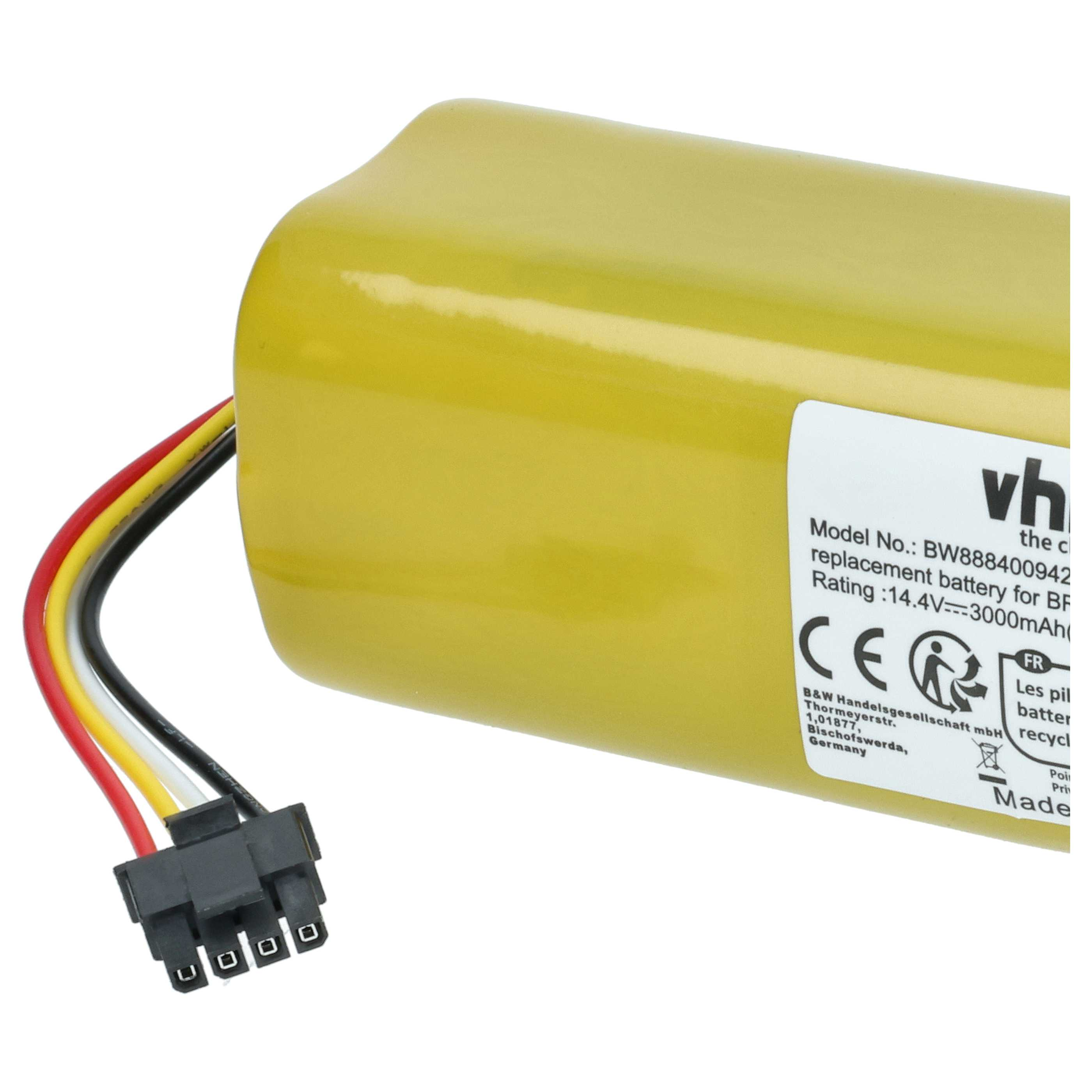 Ein gelber rechteckiger Akku mit schwarzem Stecker und farbigen Drähten. Auf der Seite befindet sich ein weißes Etikett mit Text.
