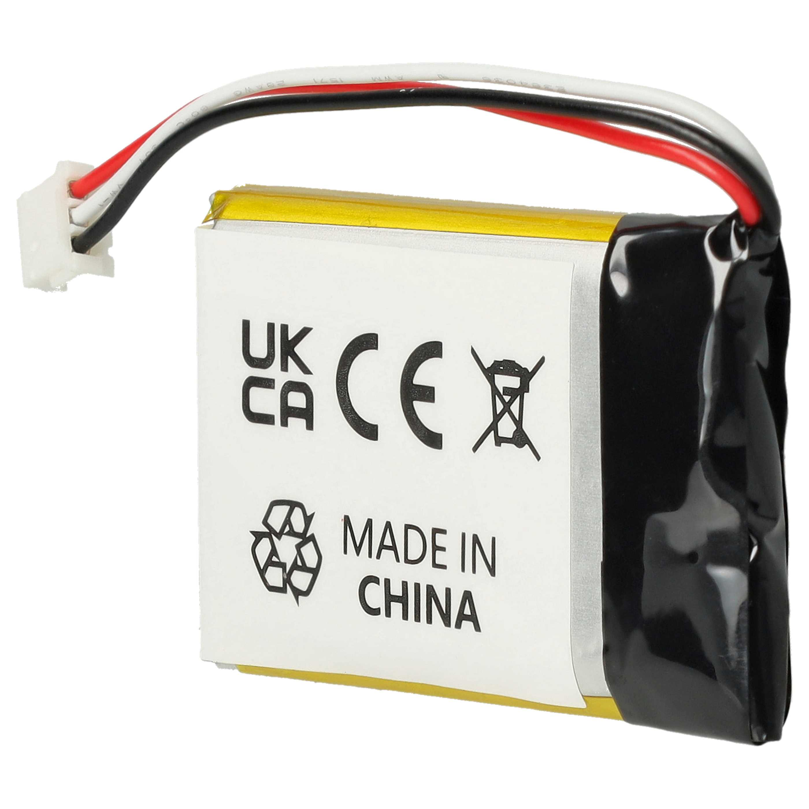 Ein rechteckiger Akku mit Drähten und Stecker. Er hat ein Etikett mit UKCA-, CE-Zeichen und 'Made in China'.