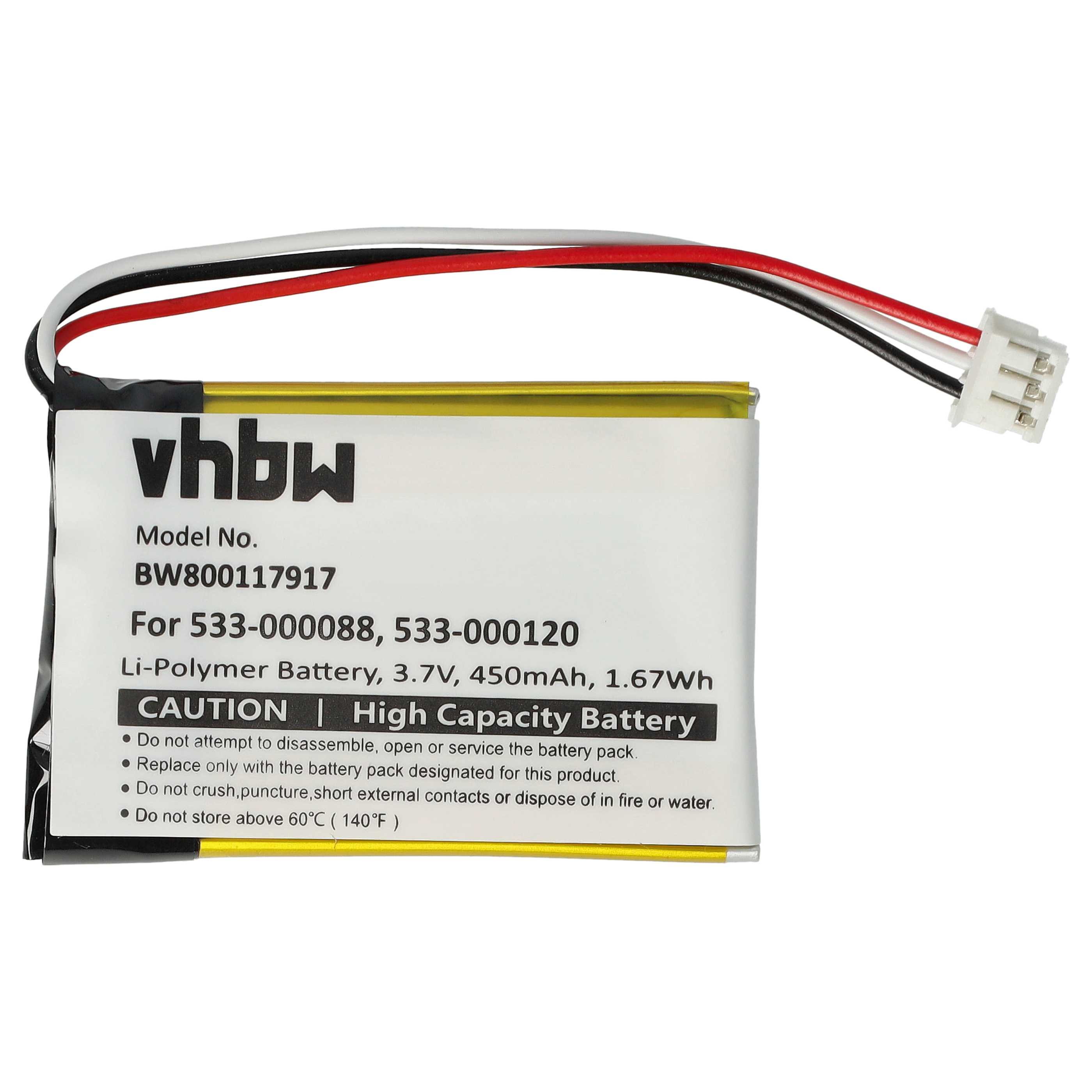Akku mit Drähten und Stecker, Text: vhbw, Modell BW800117917, und Sicherheitshinweise.