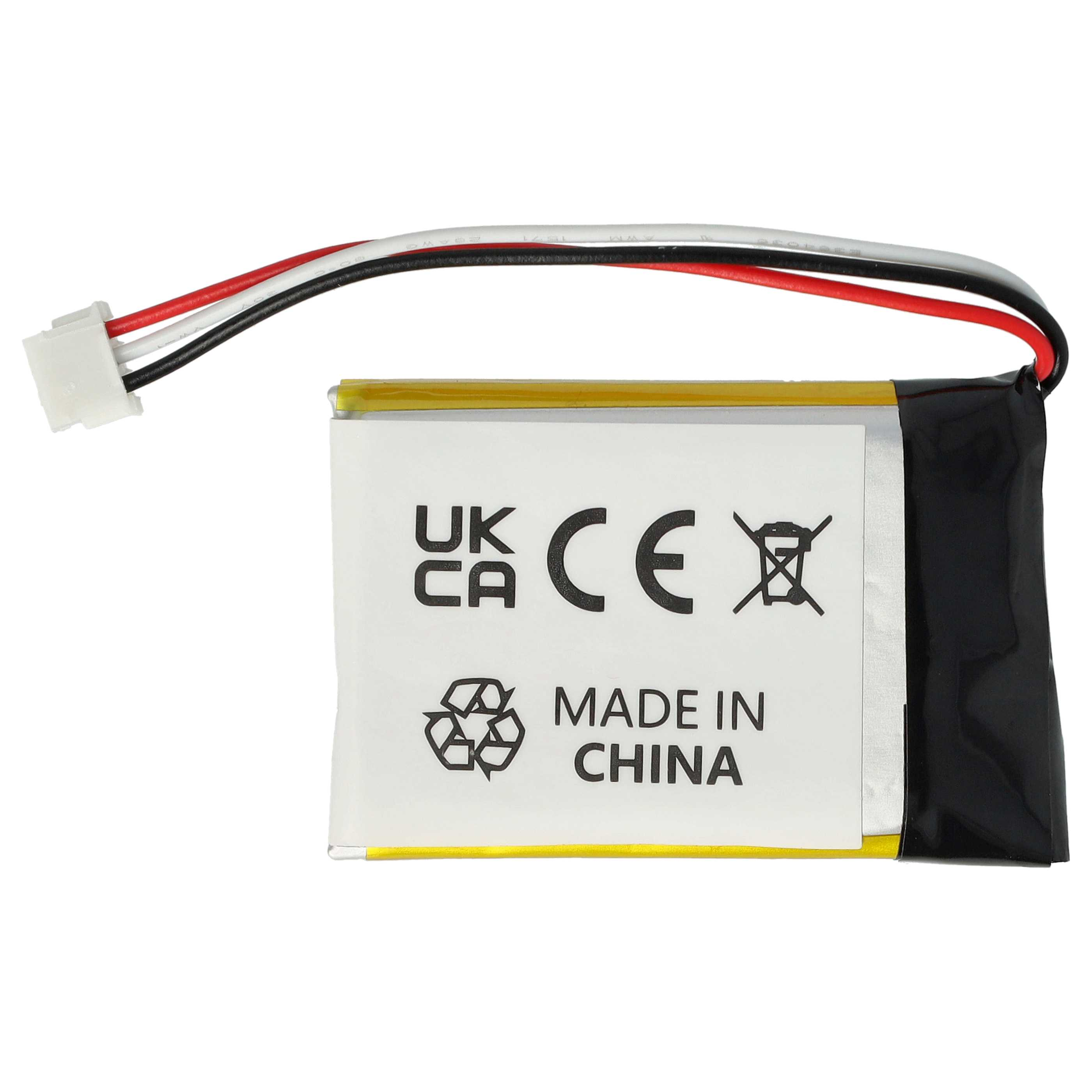 Rechteckiger Akku mit Drähten und einem Stecker. Er hat ein weißes Etikett mit Text und Symbolen und wird in China hergestellt.