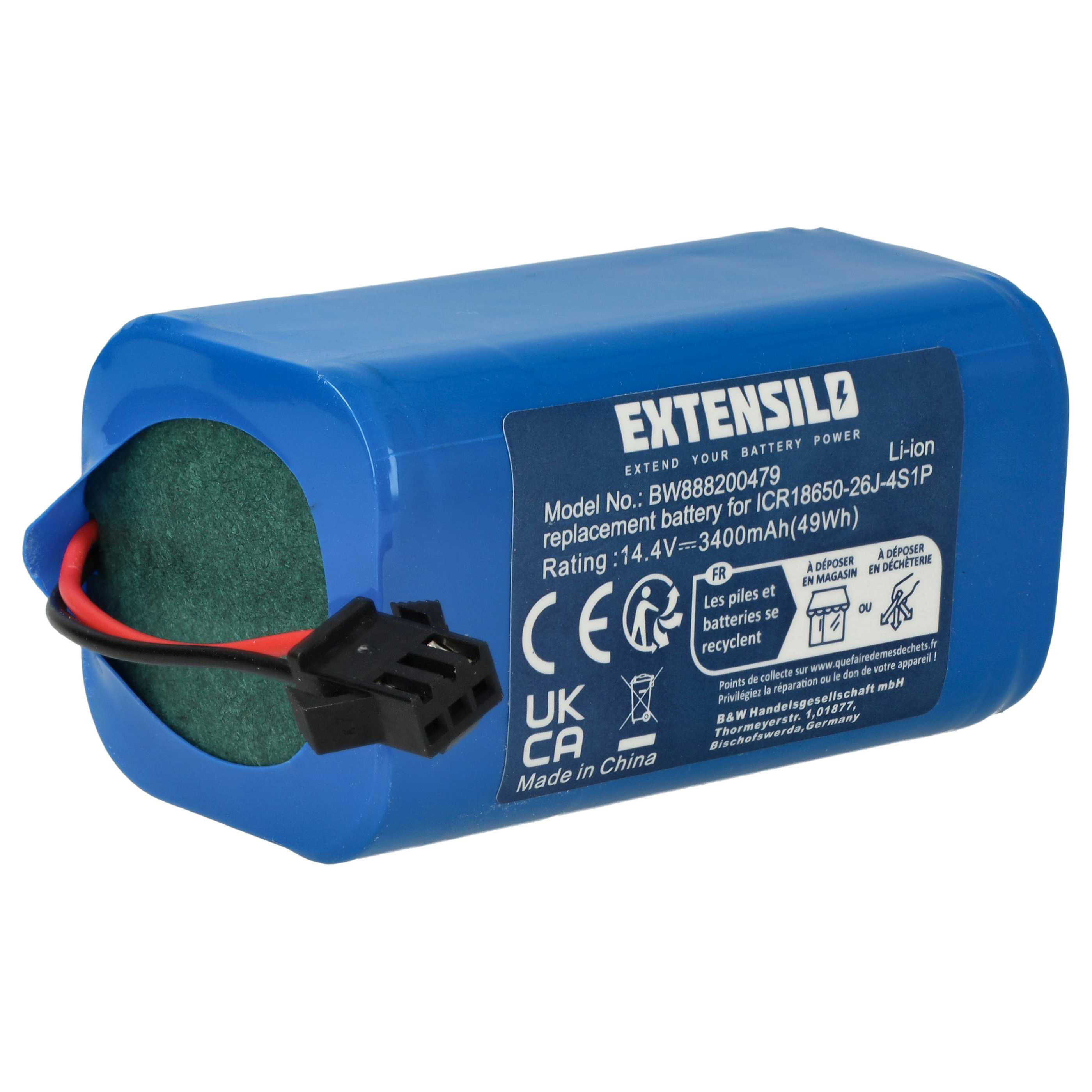 Ein blaues Extensilo Li-Ion-Akku mit Etikett und Stecker. Es hat eine grüne Innenkomponente und schwarze und rote Drähte.