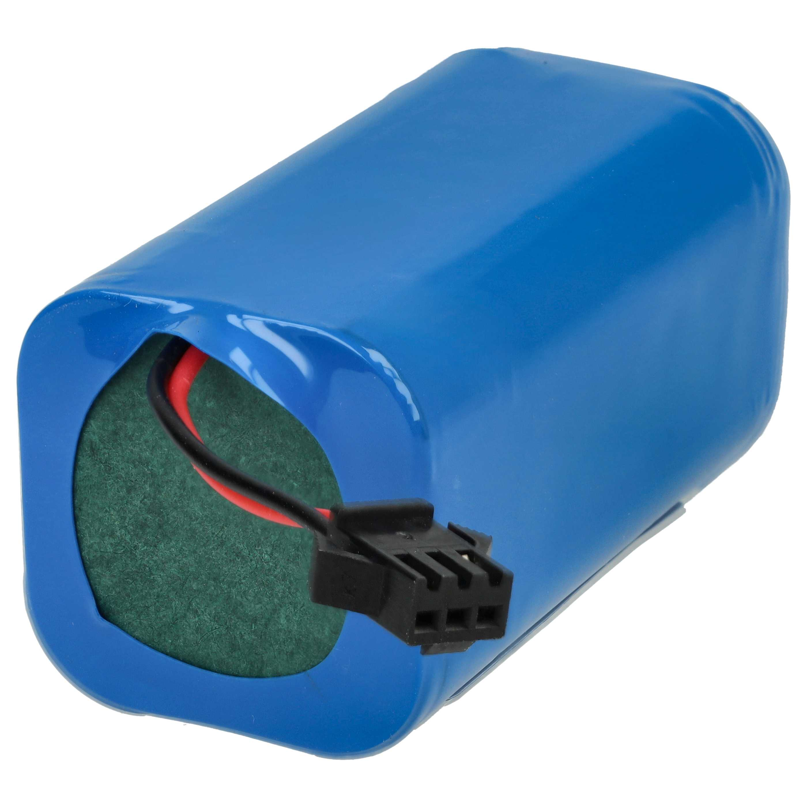 Ein blauer, rechteckiger Akku mit schwarzem Stecker und Kabeln wird vor weißem Hintergrund gezeigt.