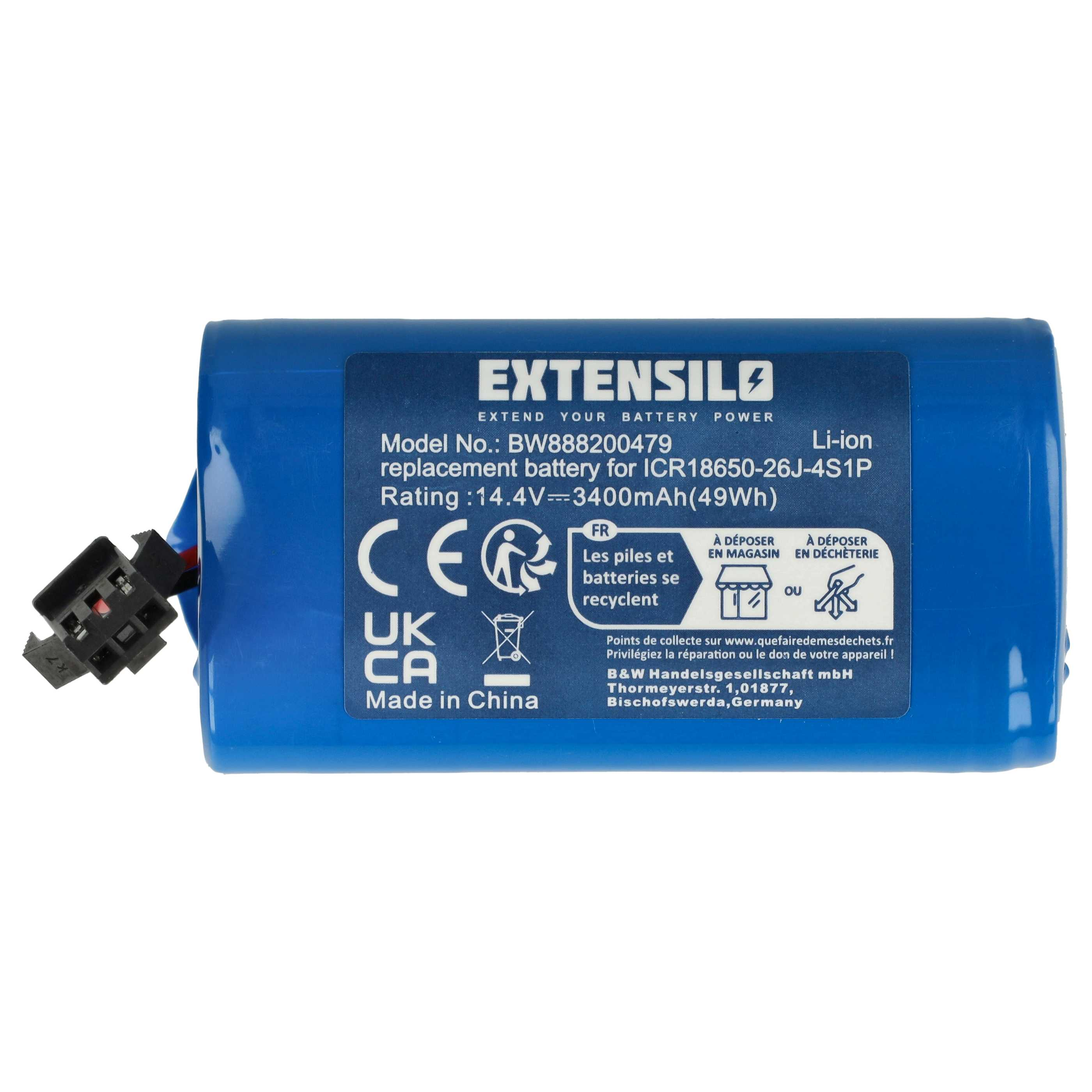 Blaue Extensilo Li-Ionen-Batterie. Sie hat einen schwarzen Anschluss und weißen Text mit Produktdetails.