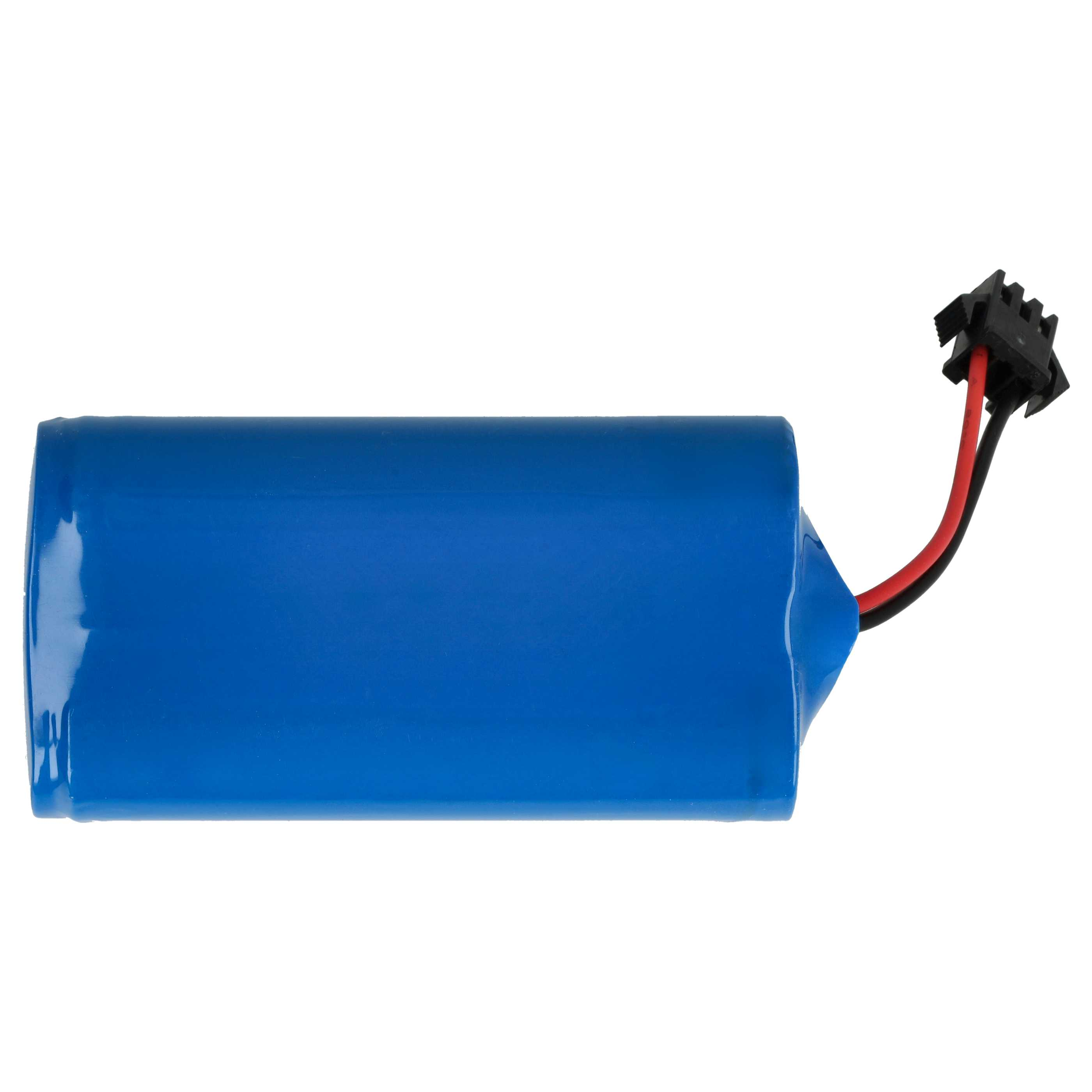 Ein blauer zylindrischer Akku mit schwarzen und roten Drähten an einem schwarzen Stecker.