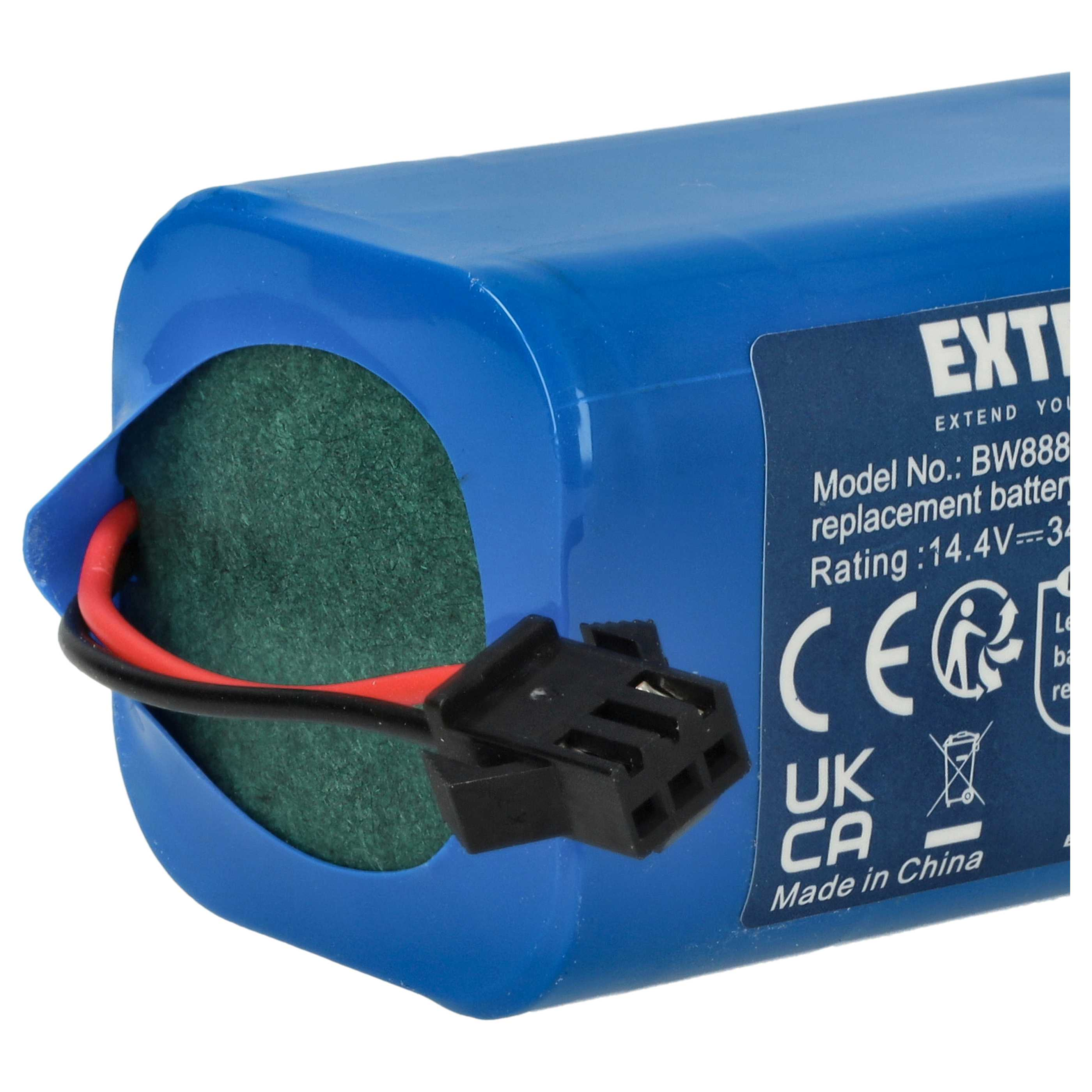 Ein blauer Akku mit schwarzem Stecker und Etikett. Auf dem Etikett steht unter anderem "Made in China".