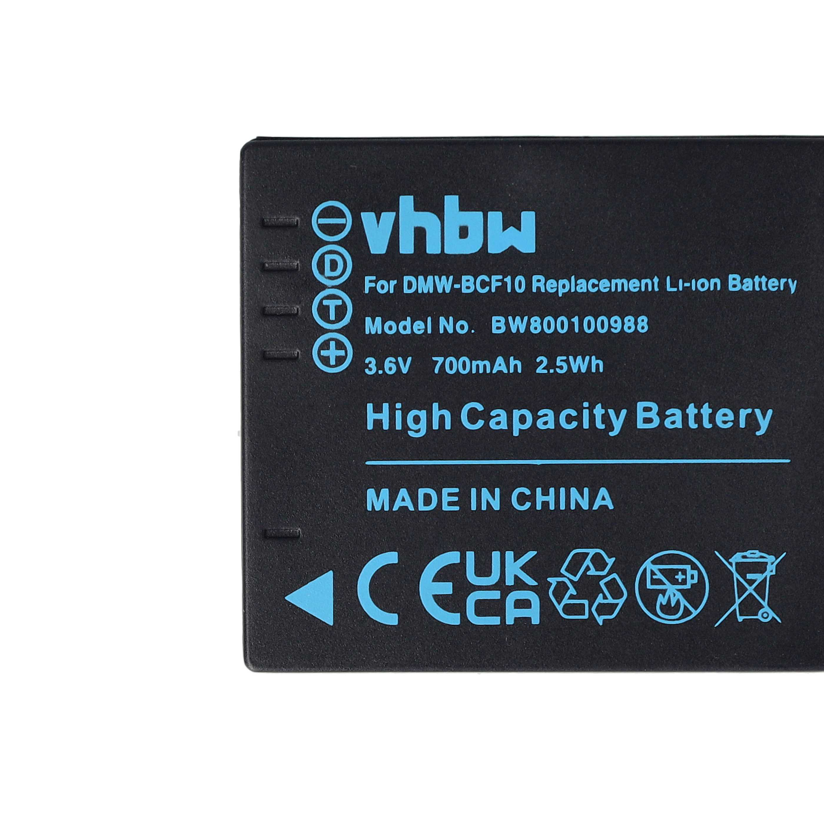 Schwarzer Akku mit blauer Schrift. Er hat das vhbw-Logo, Spezifikationen und die Aufschrift 'Made in China'. Symbole sind vorhanden.