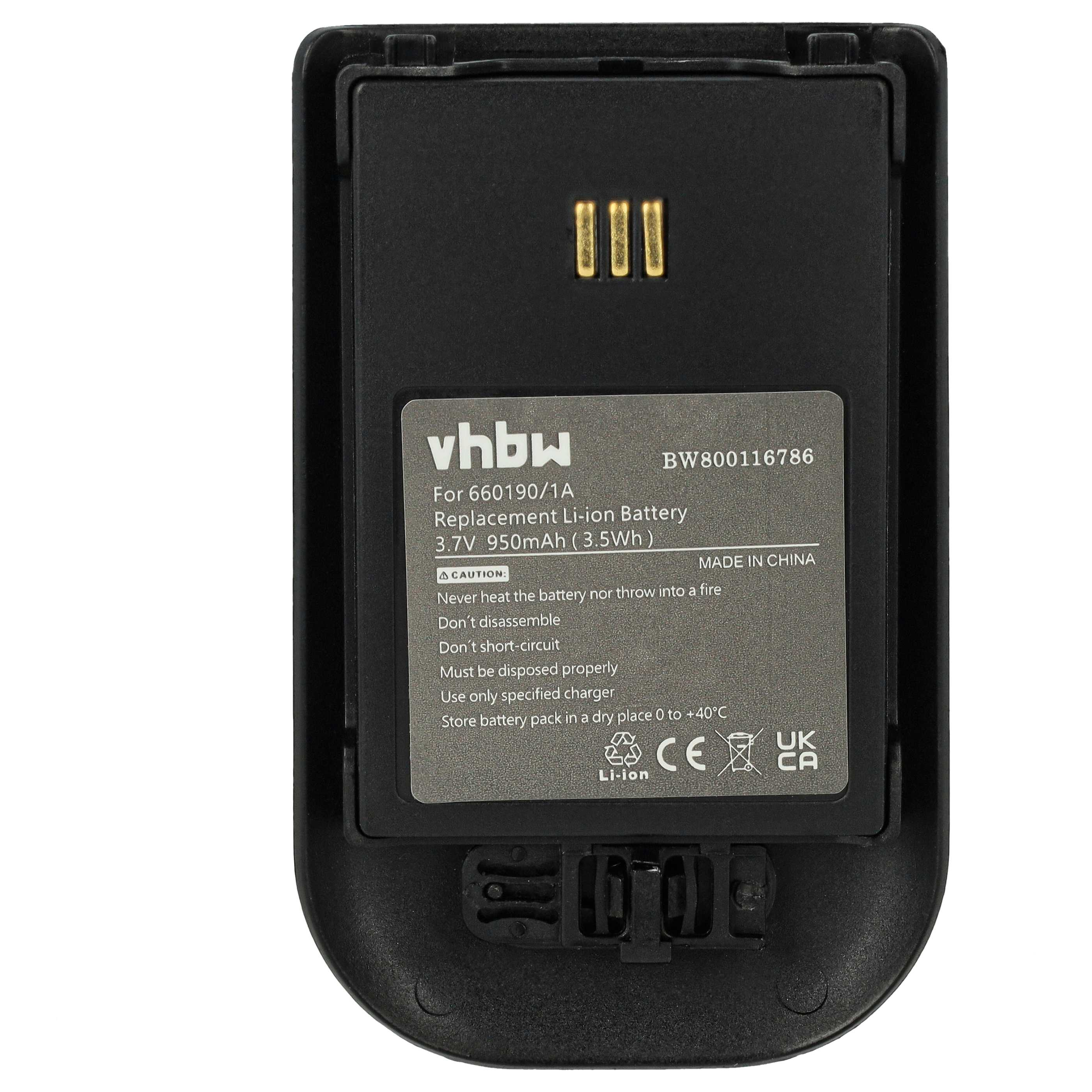 Ein schwarzer Akku mit Textetiketten. Das Etikett lautet vhbw, 3,7 V 950 mAh. Es hat Warnungen und ein CE-Zeichen.