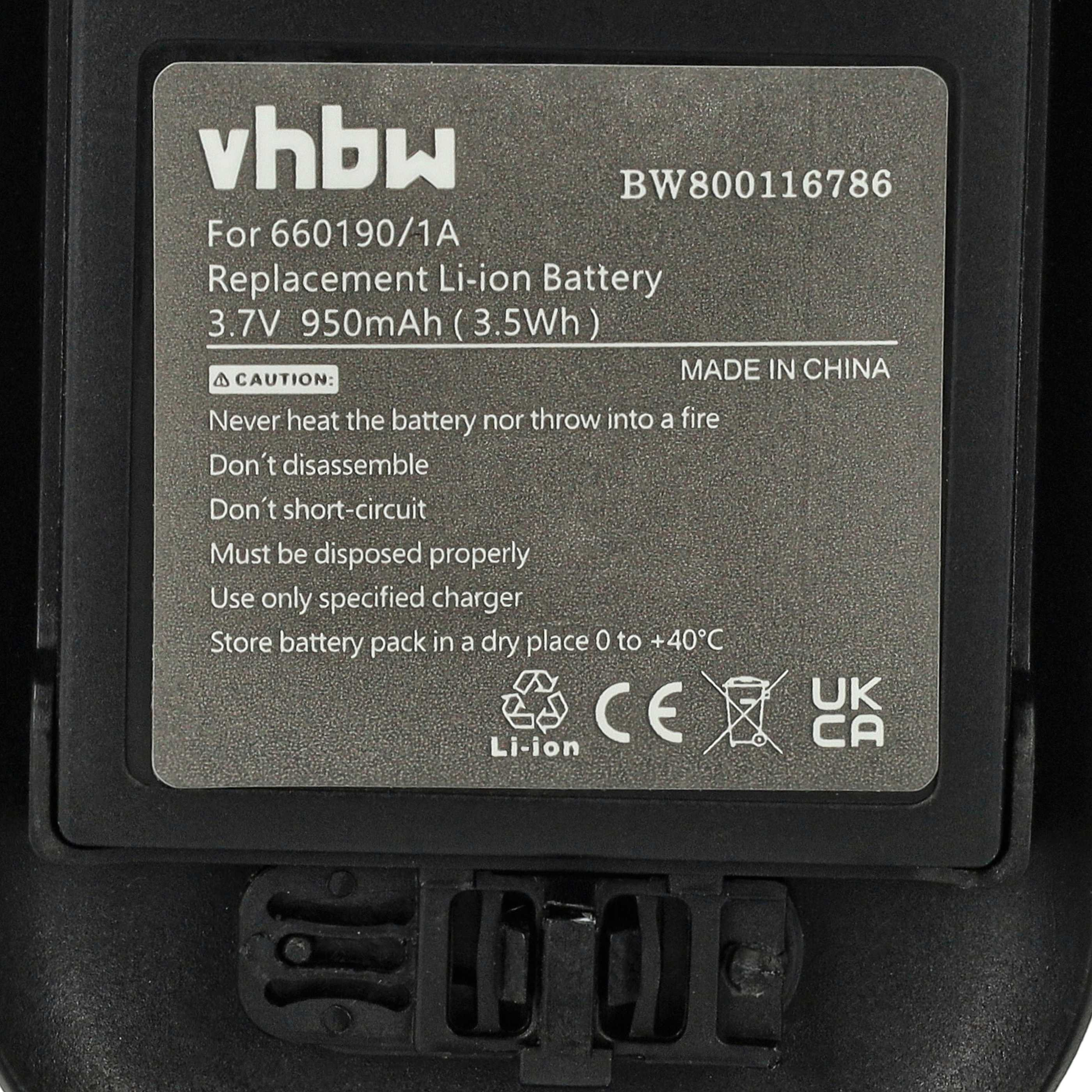 Ein schwarzer Akku mit weißem Text. Es steht vhbw, 3,7 V und Sicherheitshinweise. Es zeigt auch ein Recycling-Symbol.