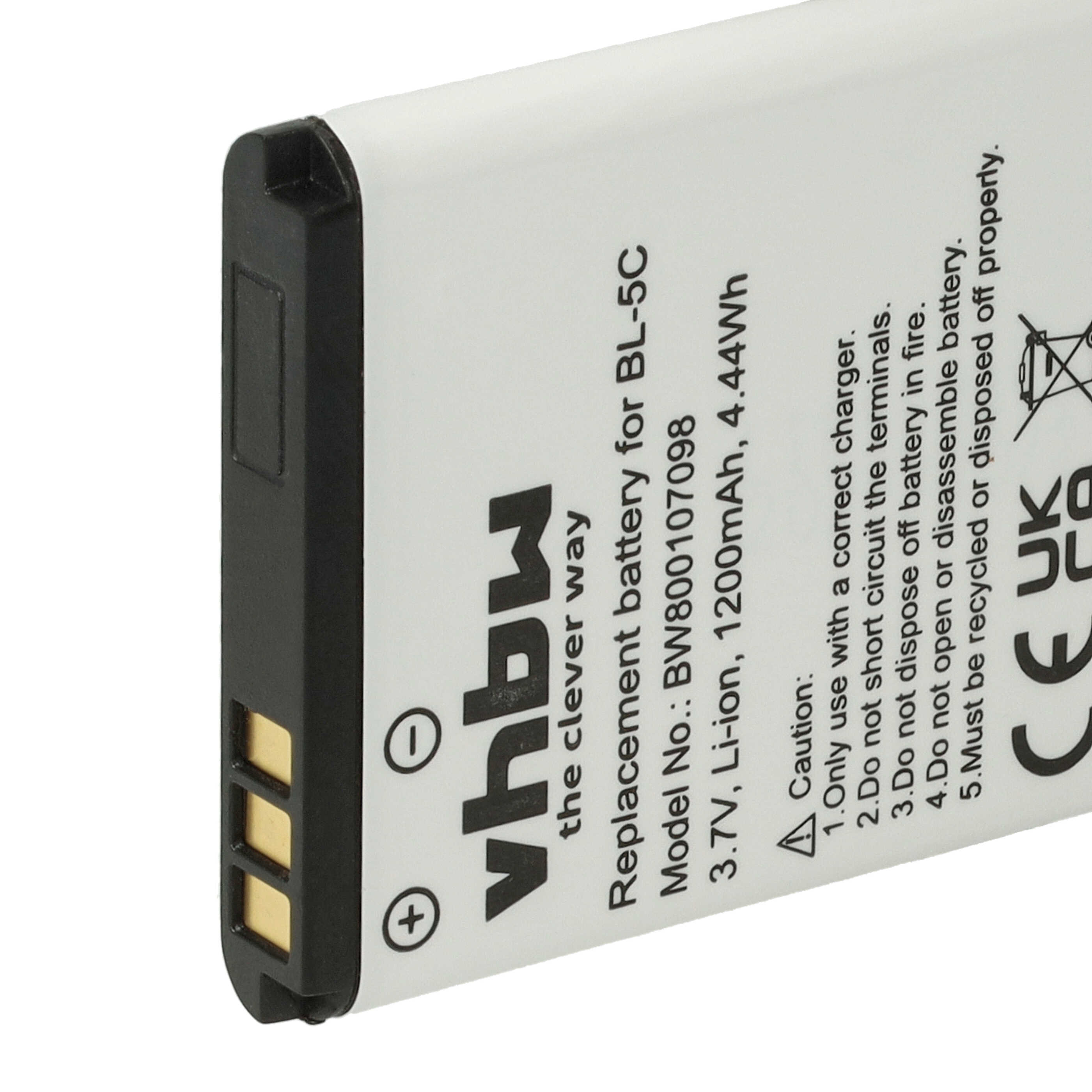 Ein weißer und schwarzer Akku mit Text. Er lautet 'vhbw' und 'Ersatzbatterie für BL-5C' und Sicherheitshinweise.