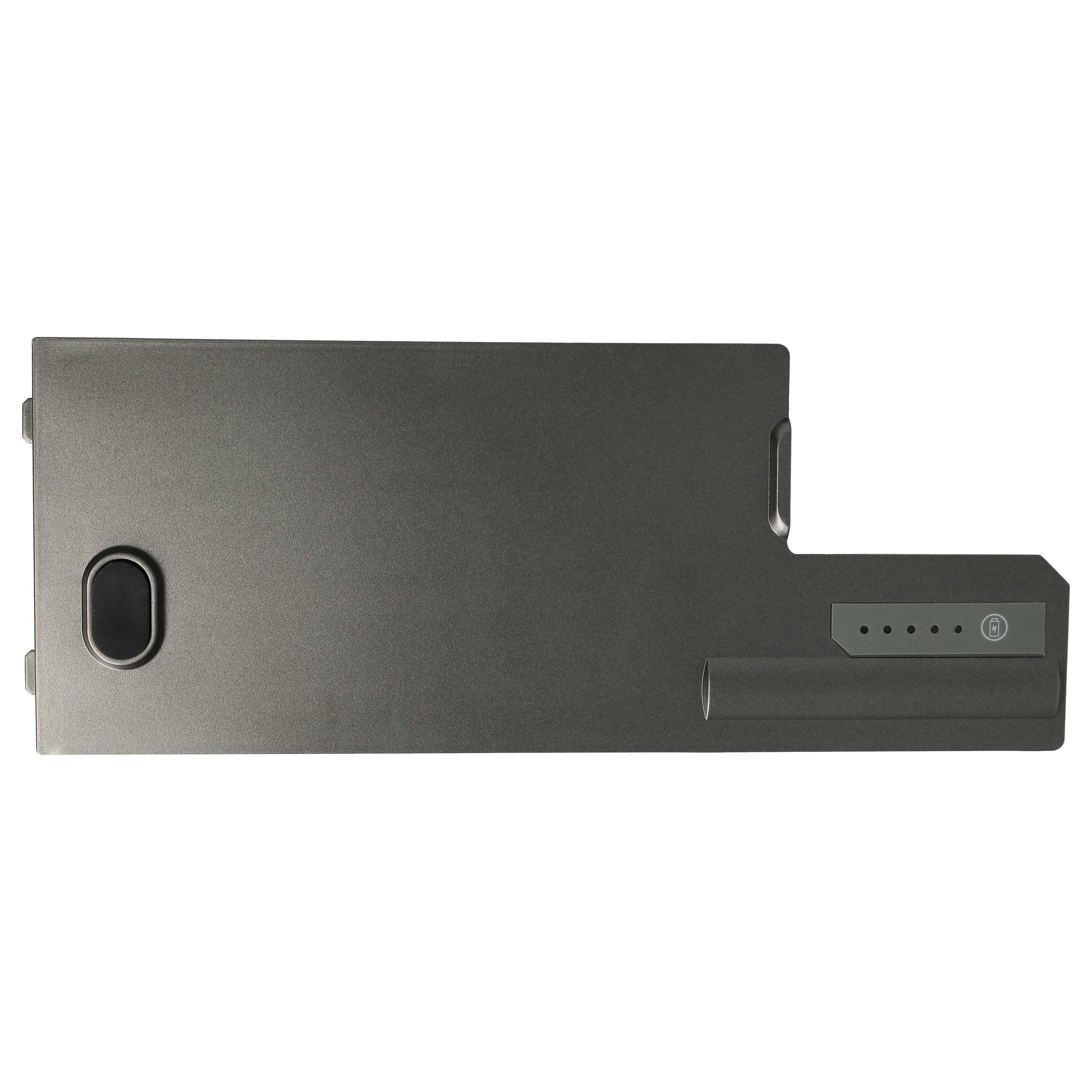 Ein graues Laptop-Akkupack, rechteckig mit abgerundeten Kanten und einem schwarzen Knopf. Ladeanzeigelichter sind sichtbar.