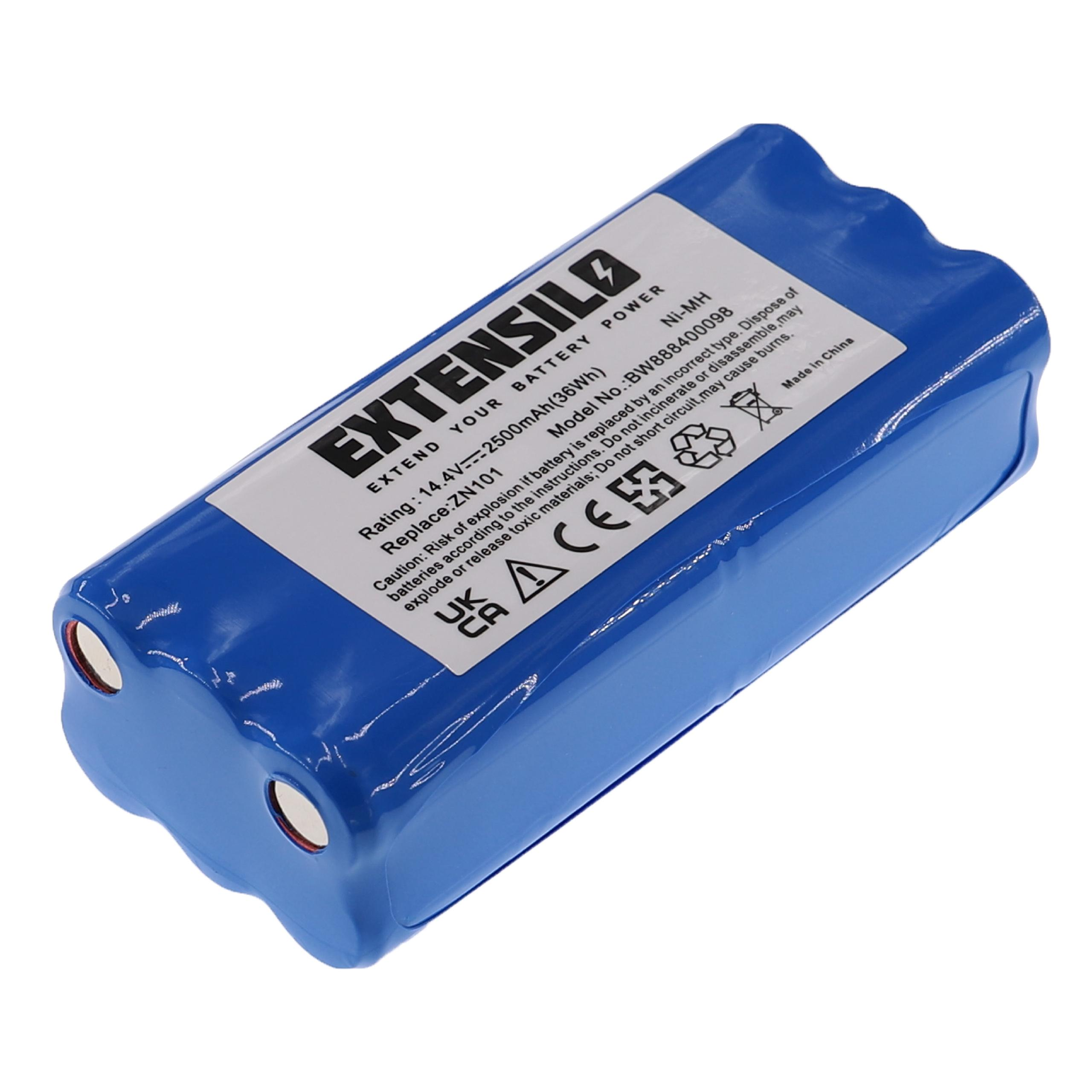 Ein blaues Batterielabel 'EXTENSIL' mit Spezifikationen und Warnhinweisen. Es hat ein weißes Etikett mit schwarzem Text.