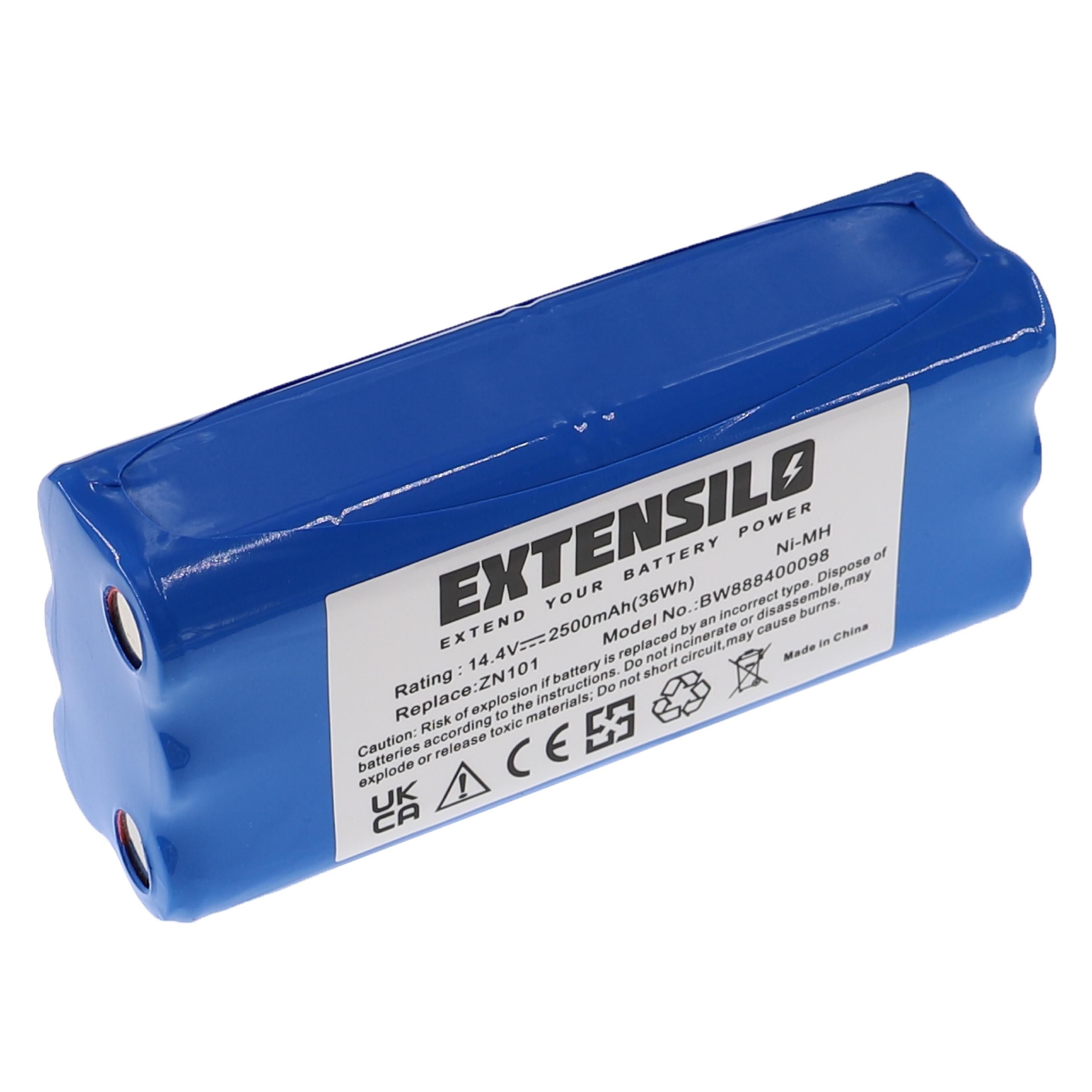 Ein blauer Akku mit weißem Text. Es steht EXTENSILO POWER, 14,4 V, 2500 mAh und Sicherheitshinweise.