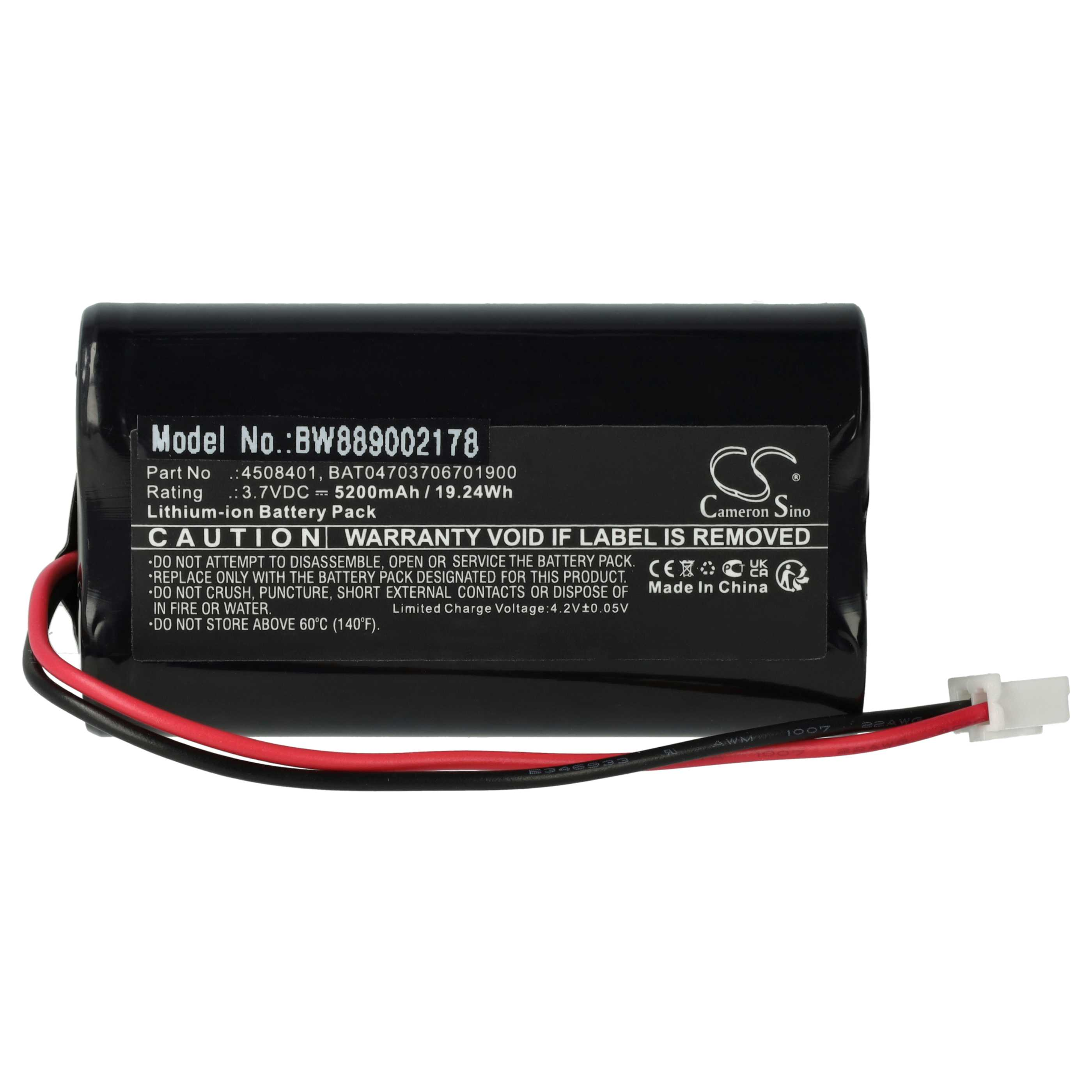 Ein schwarzes Akku-Pack mit Etiketten, roten und schwarzen Drähten und einem weißen Stecker auf weißem Hintergrund.