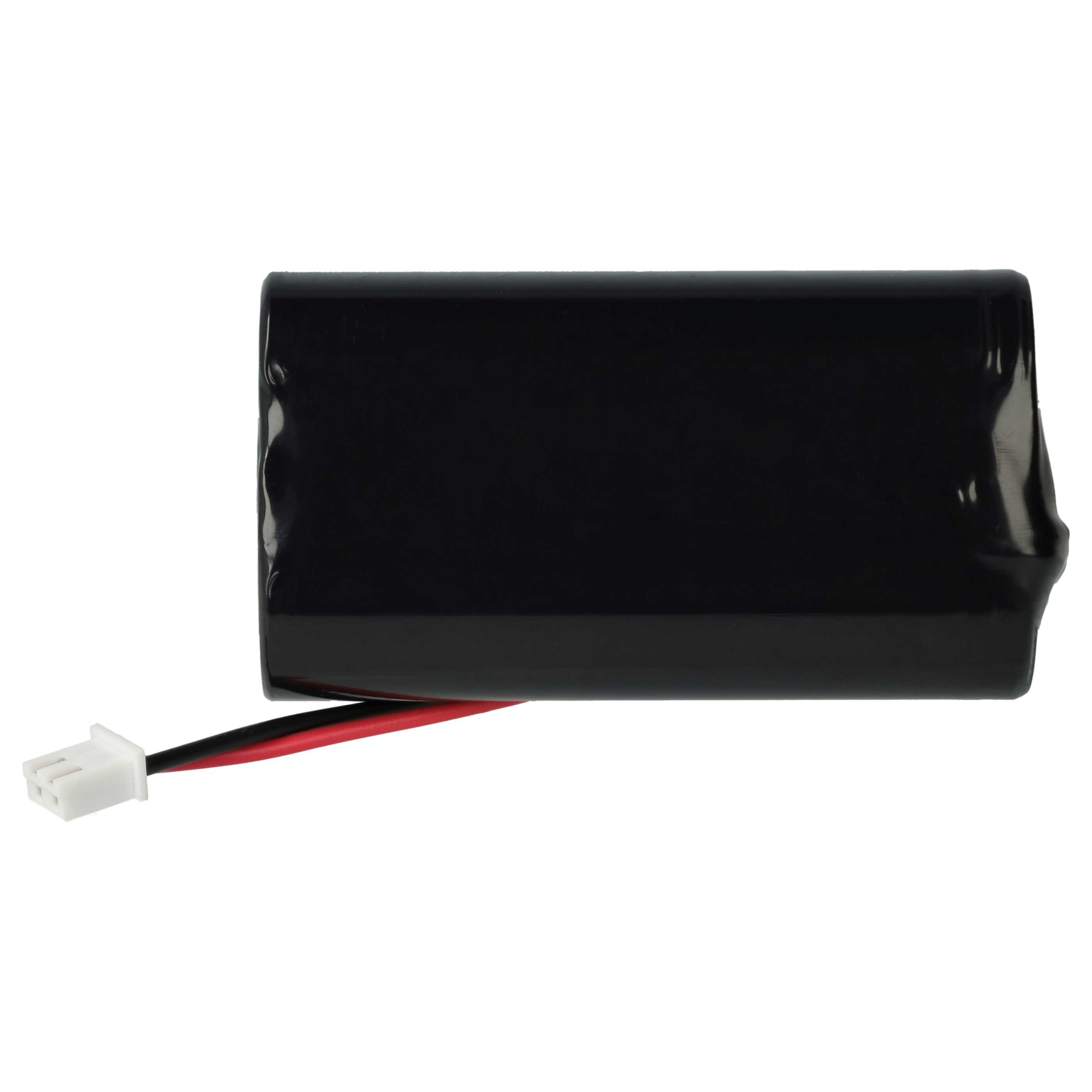 Ein schwarzer Akku mit weißem Stecker und rot/schwarzen Kabeln. Der Hintergrund ist weiß.
