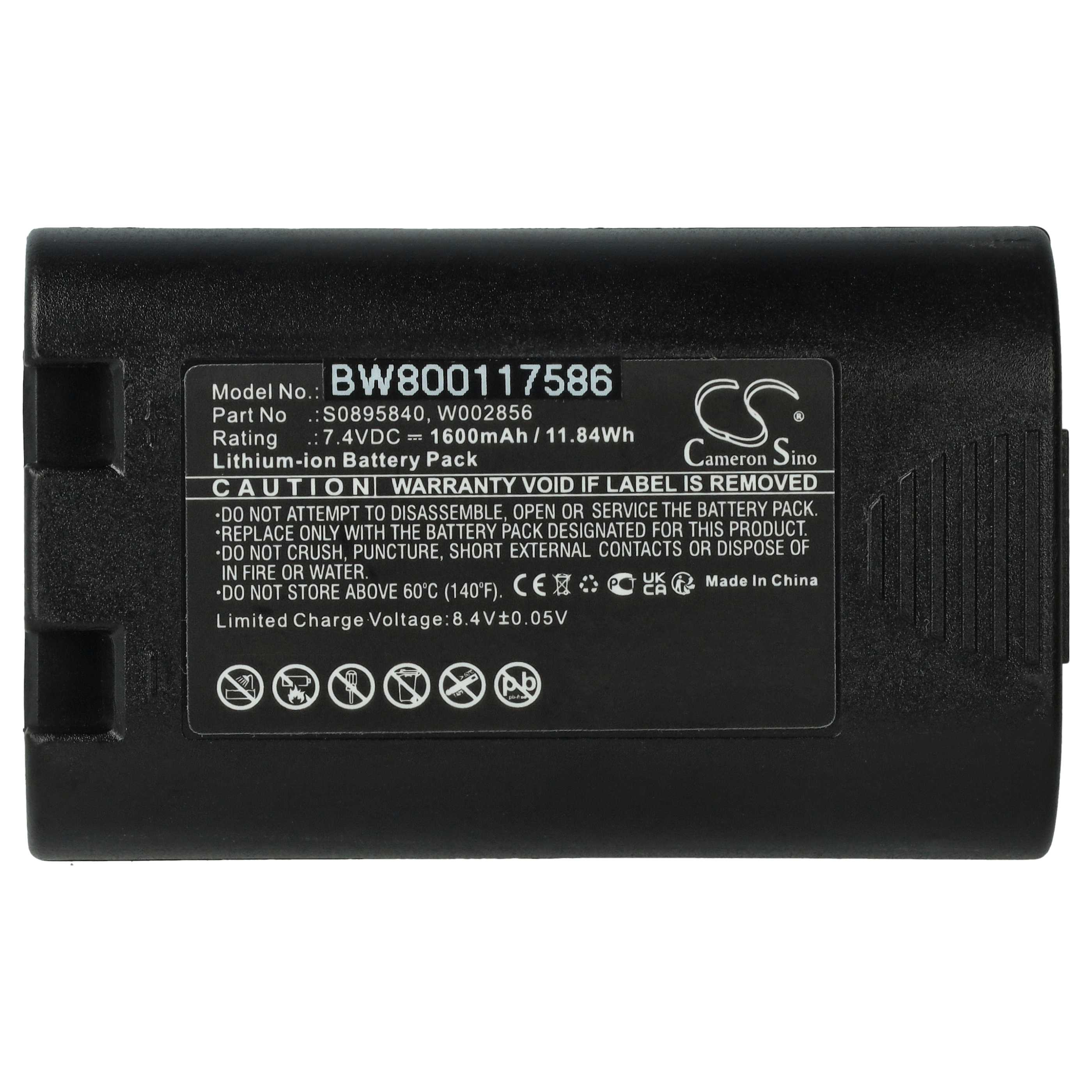 Schwarzer Akku mit Textetiketten. Enthält Modell- und Teilenummern, Warnungen und Sicherheitssymbole. Es ist ein Lithium-Ionen-Akku.