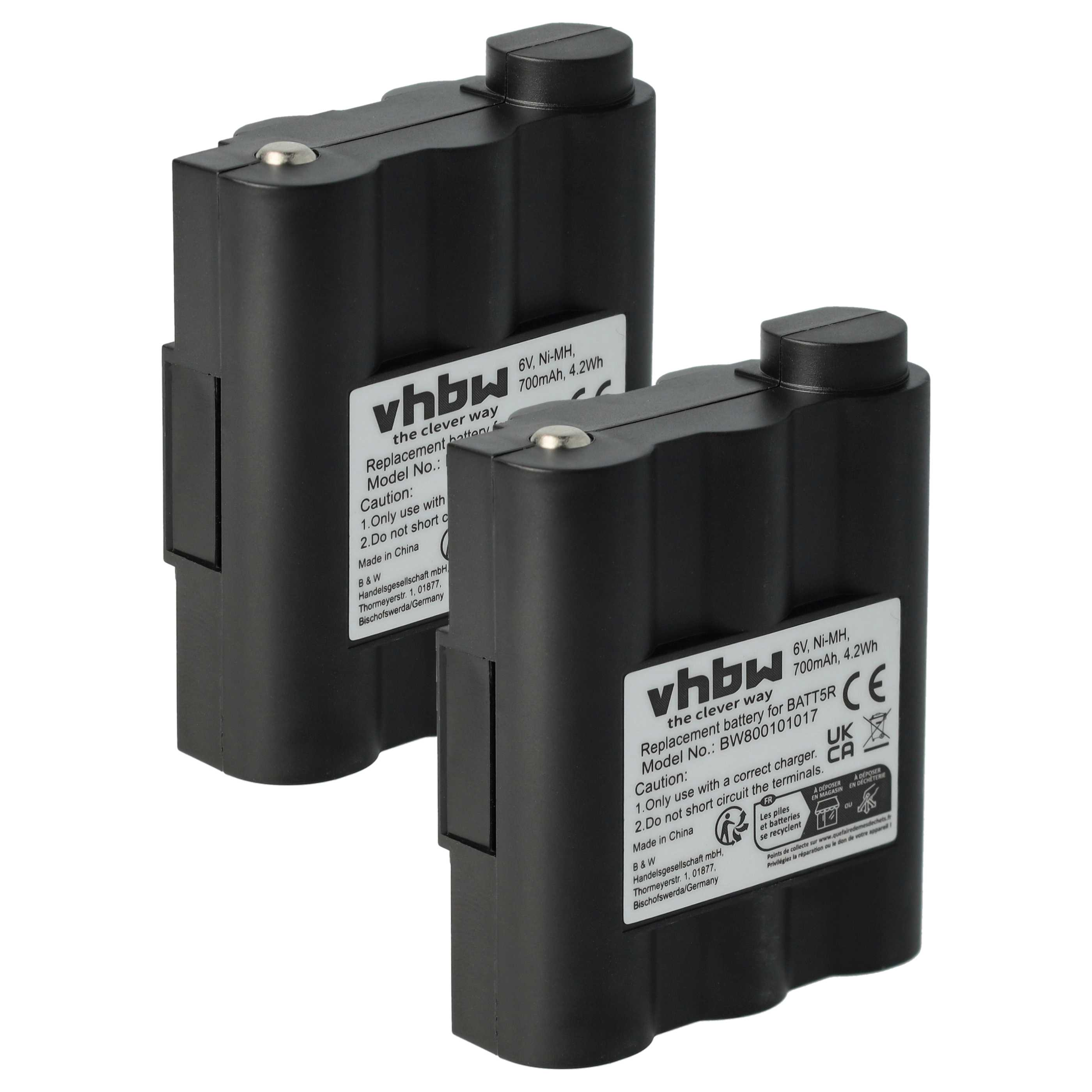 Zwei schwarze vhbw-Ersatzbatterien mit weißen Etiketten. Die Batterien sind rechteckig mit abgerundeten Oberseiten und Metallkontakten.