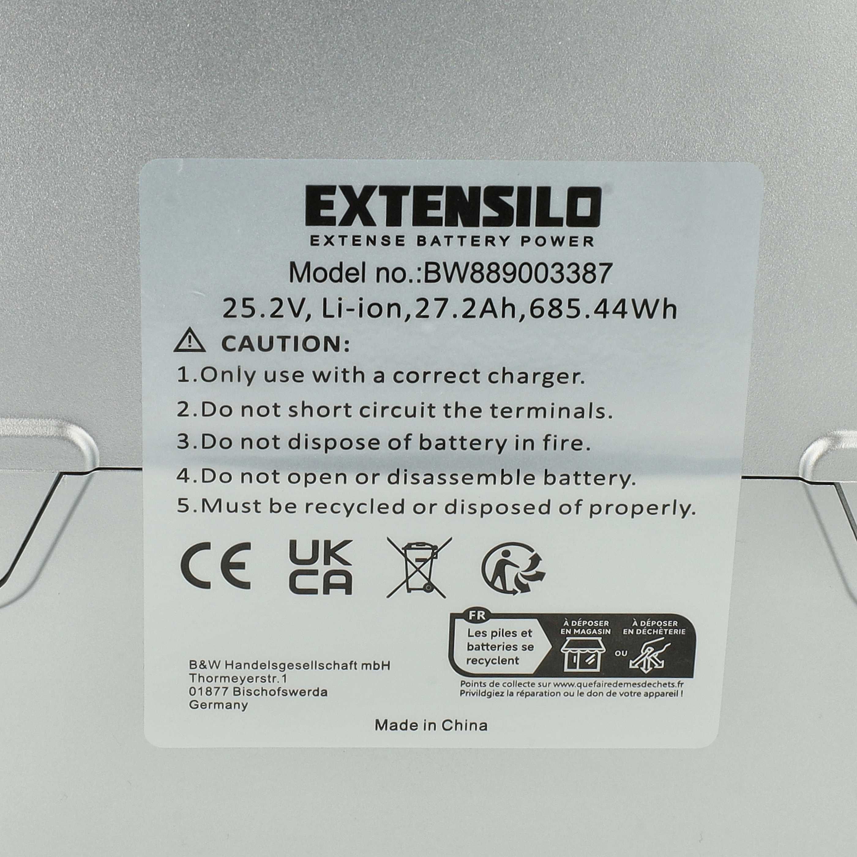 Batterielabel mit Warnhinweisen. Text enthält Modellinfo, Vorsichtshinweise und Recyclingsymbole. Hergestellt in China.