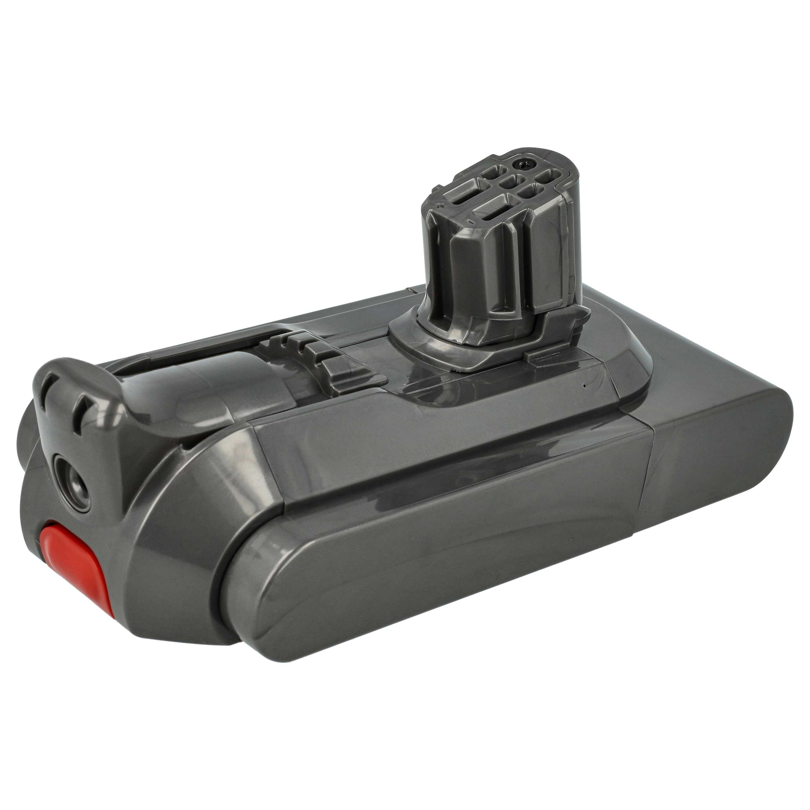 Ein grauer Dyson-Staubsaugerakku mit roter Taste. Er hat einen rechteckigen Körper und einen Griff.