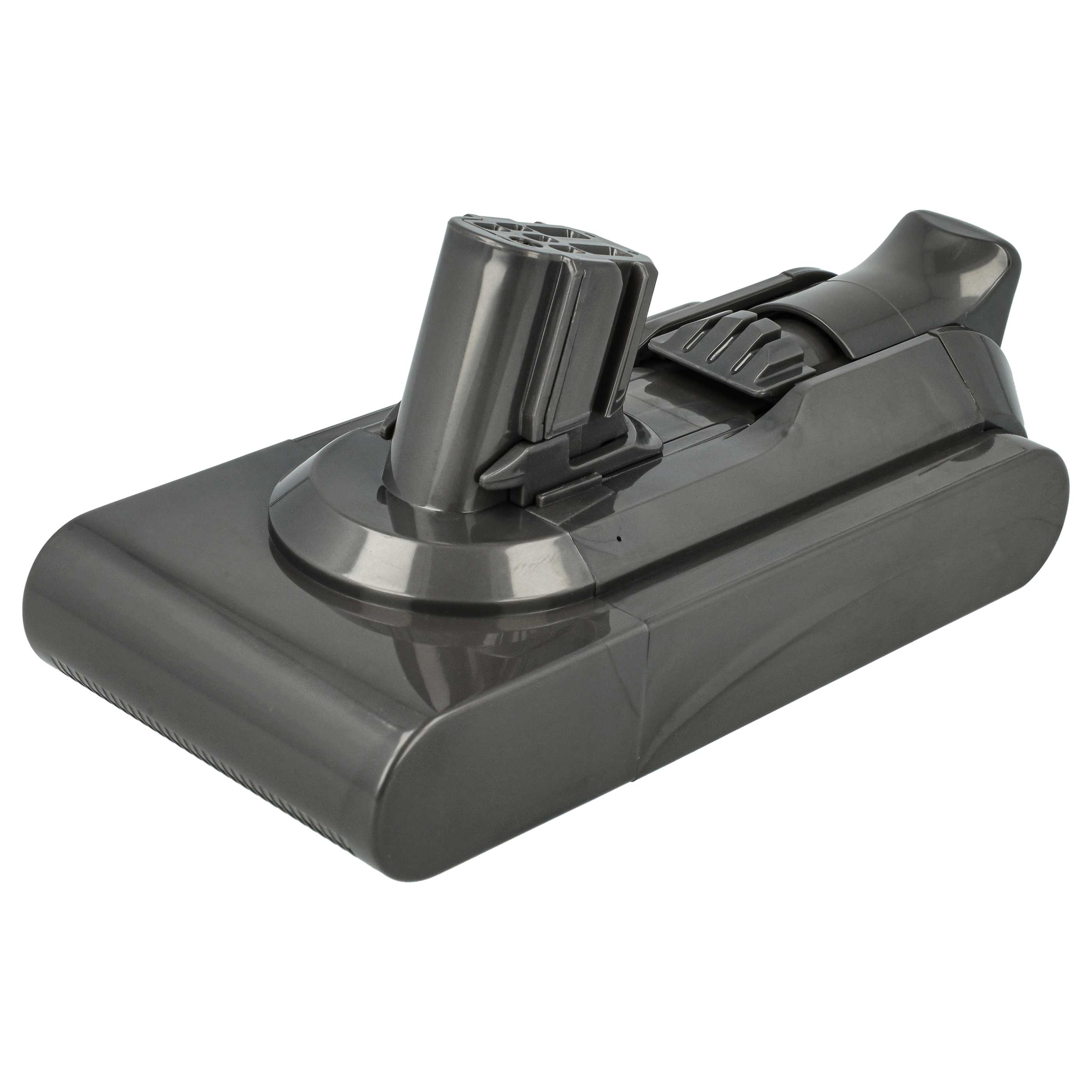 Ein grauer Dyson-Staubsaugerakku auf weißem Hintergrund. Er hat eine rechteckige Basis und eine aufrechte Komponente.