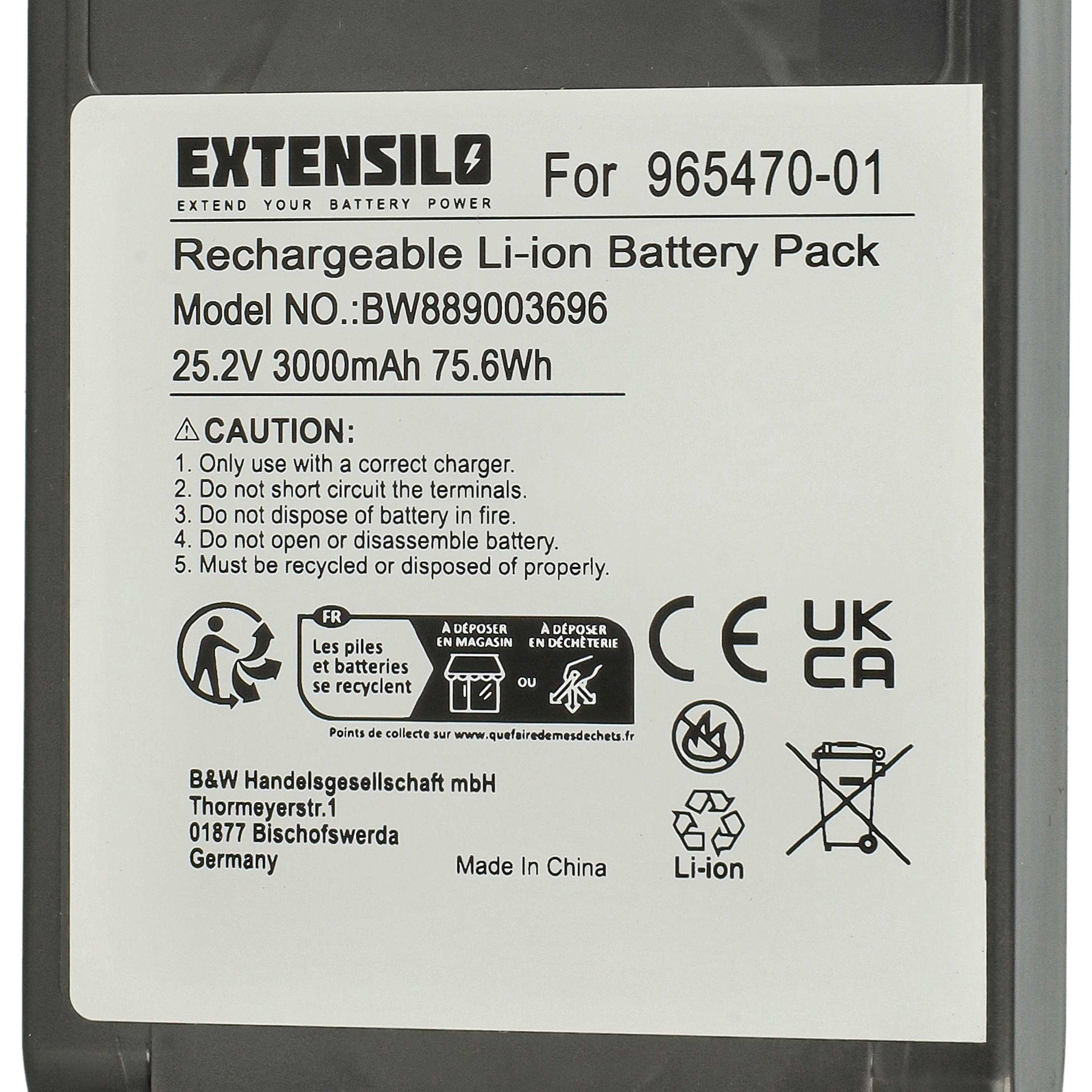 Ein Akku-Etikett mit Text: EXTENSILO, Modellnummer, Spannung und Recycling-Symbolen. Enthält Sicherheitshinweise.