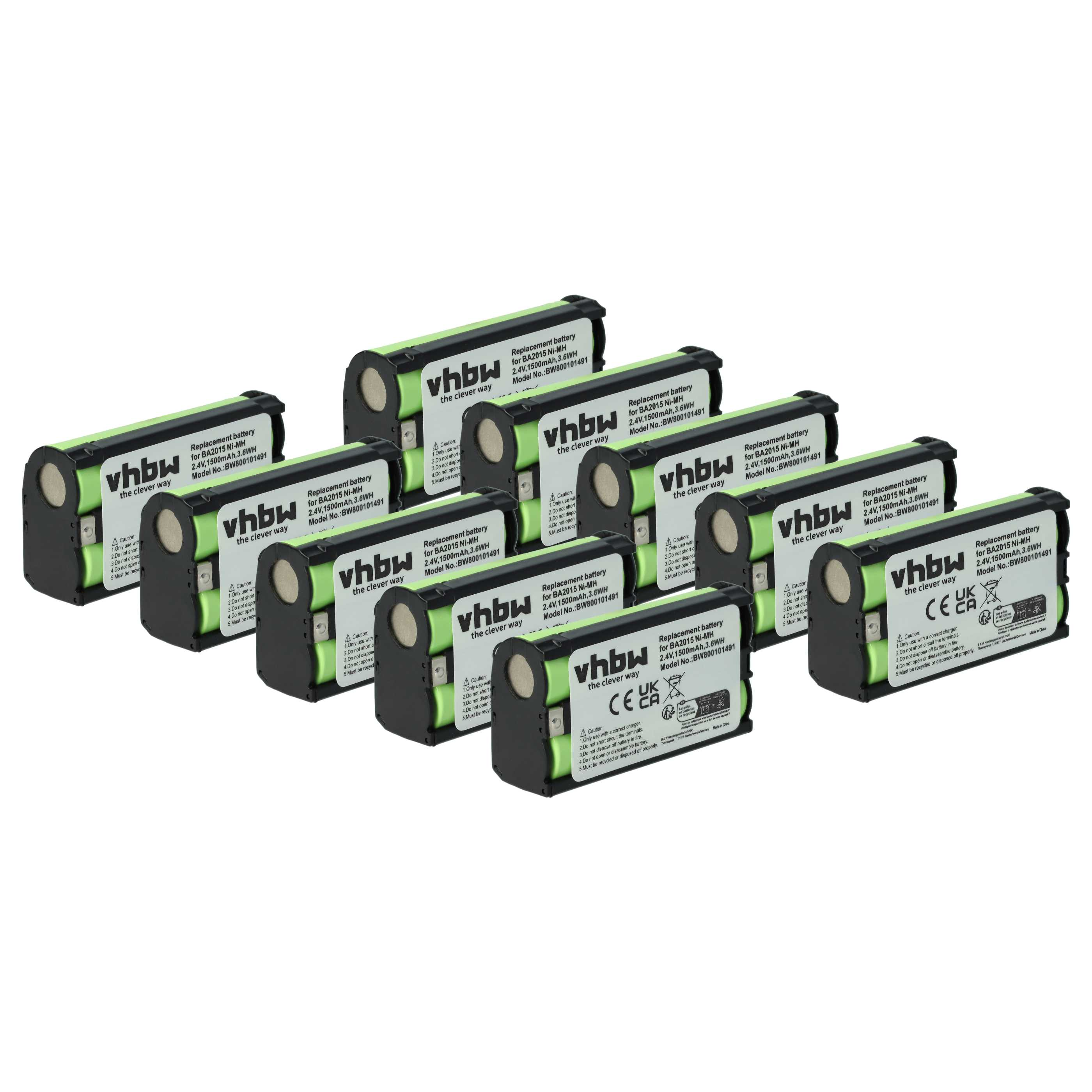 Mehrere schwarze und grüne Ersatzbatterien sind angeordnet. Jede hat ein weißes Etikett mit Text und dem vhbw-Logo.