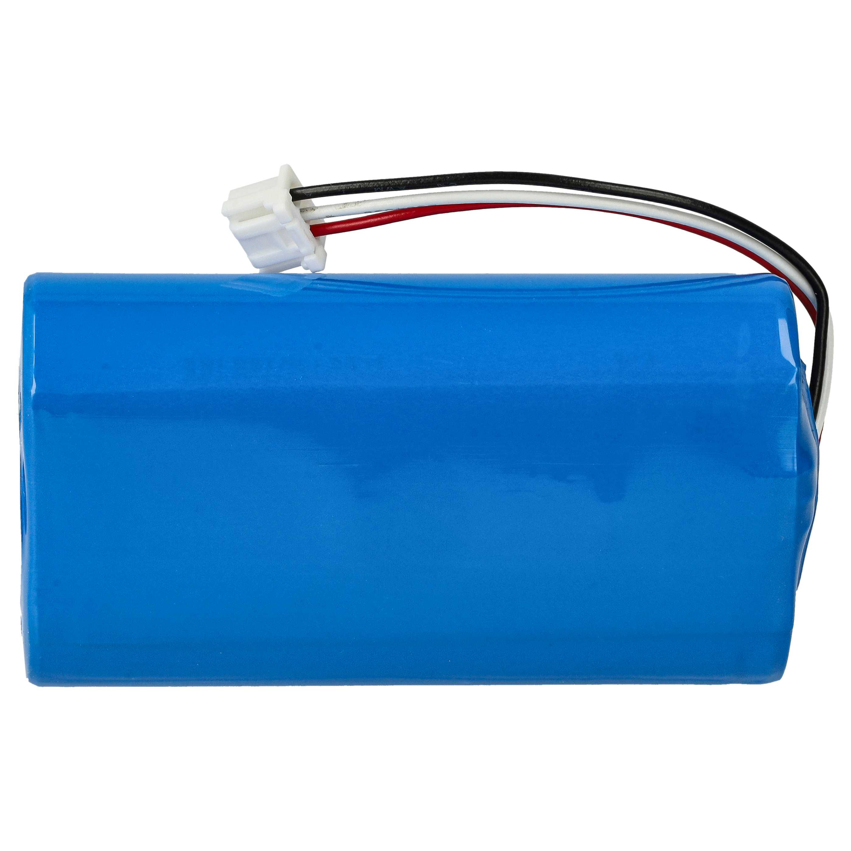 Ein blaues rechteckiges Batteriepack mit Drähten und einem weißen Stecker. Der Hintergrund ist weiß.
