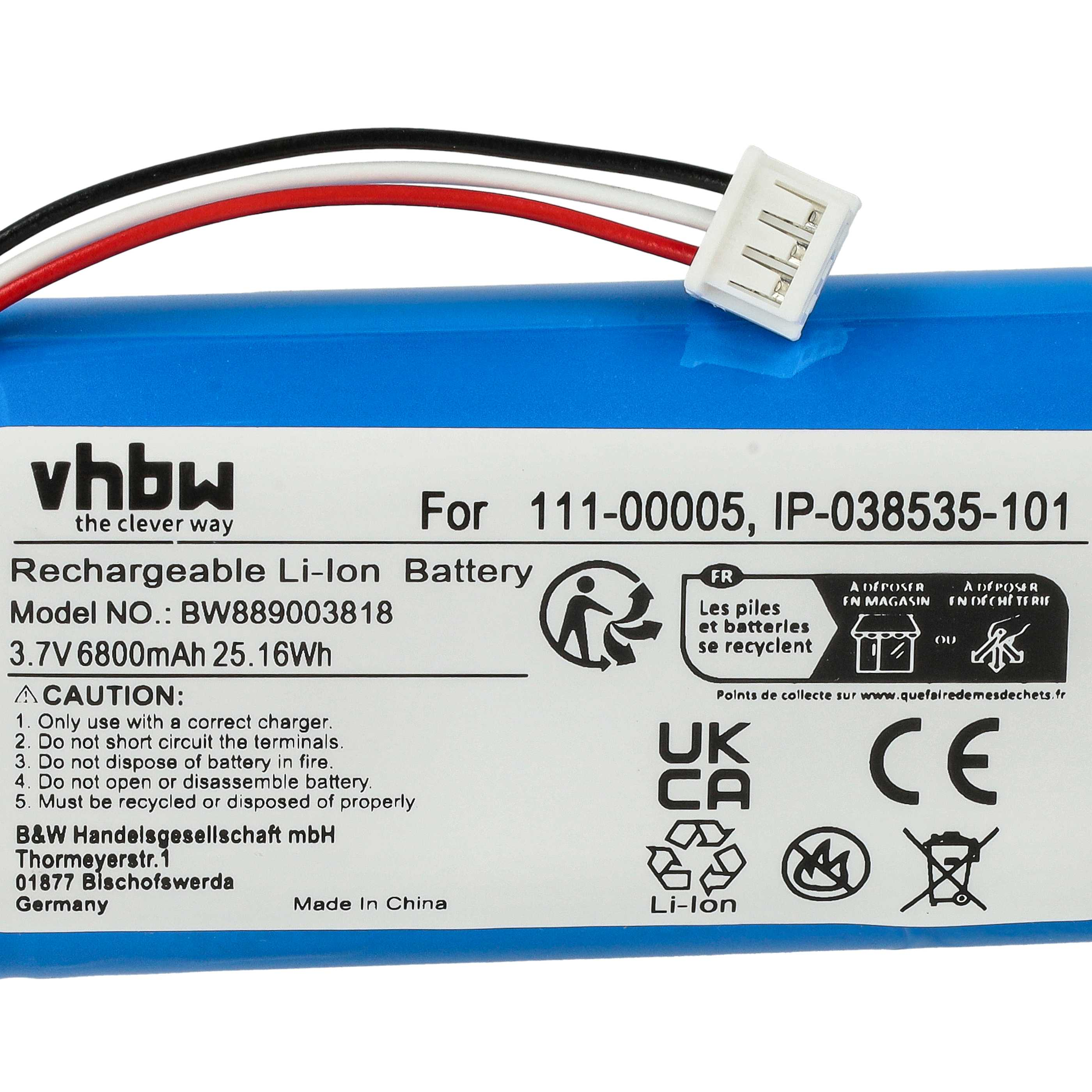Ein blauer Akku mit weißem Text, schwarzen Drähten und Recycling-Symbolen. Text enthält 'Rechargeable Li-Ion Battery'.