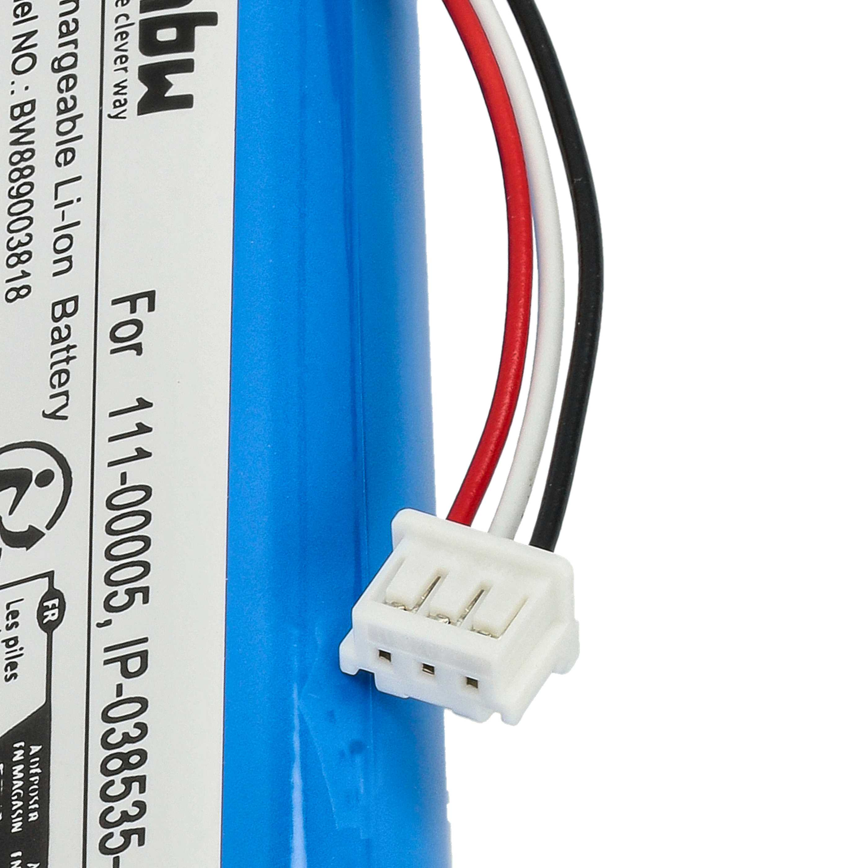 Eine blaue Batterie mit weißem Stecker und roten, weißen und schwarzen Drähten. Auf der Batterie steht 'Li-Ion Battery'.