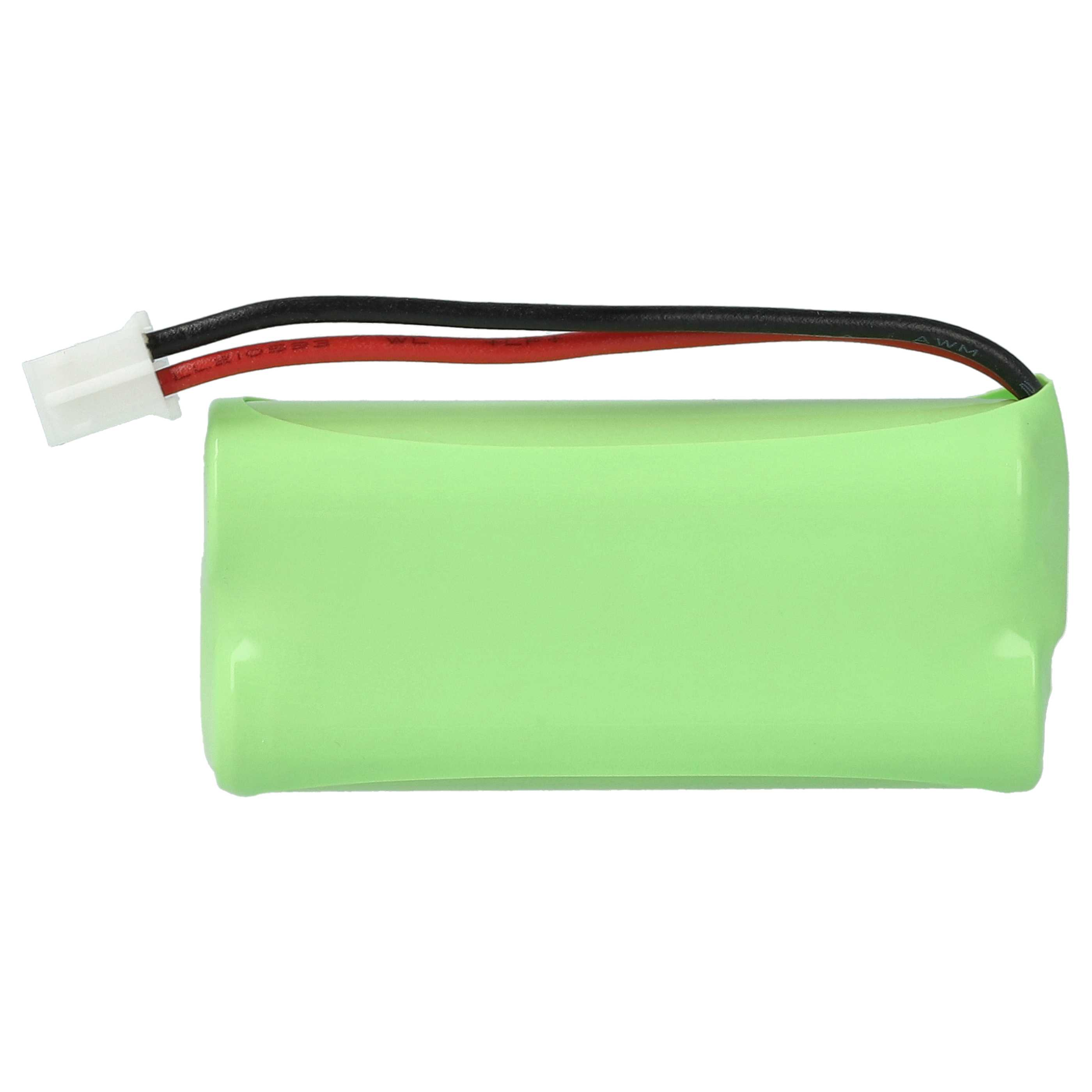 Eine grüne Batterie mit schwarzen und roten Drähten, die an einen weißen Stecker angeschlossen sind. Die Drähte haben Text.
