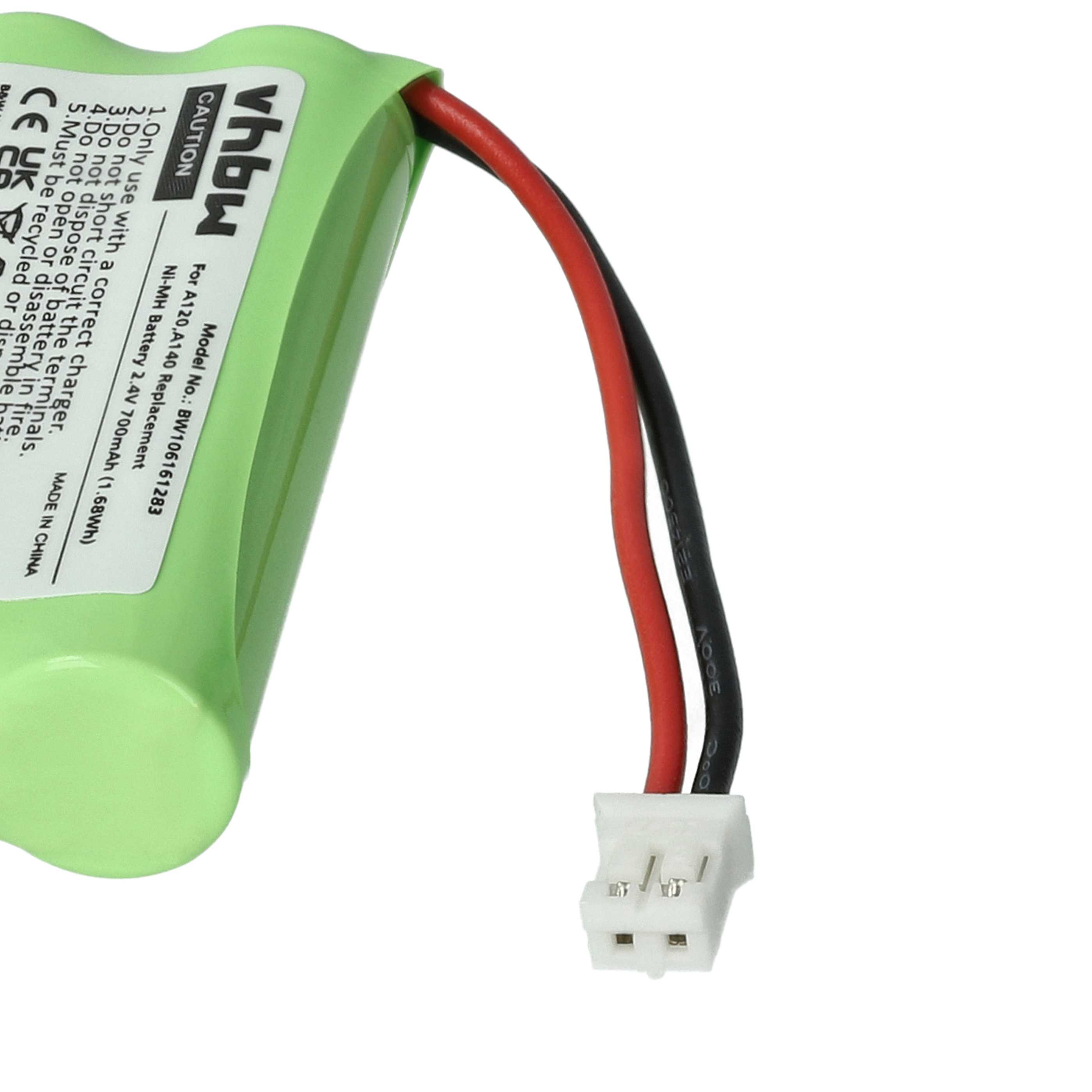 Eine grüne Batterie mit roten und schwarzen Drähten und einem weißen Stecker. Text enthält 'vhbw', 'CAUTION' und Spezifikationen.