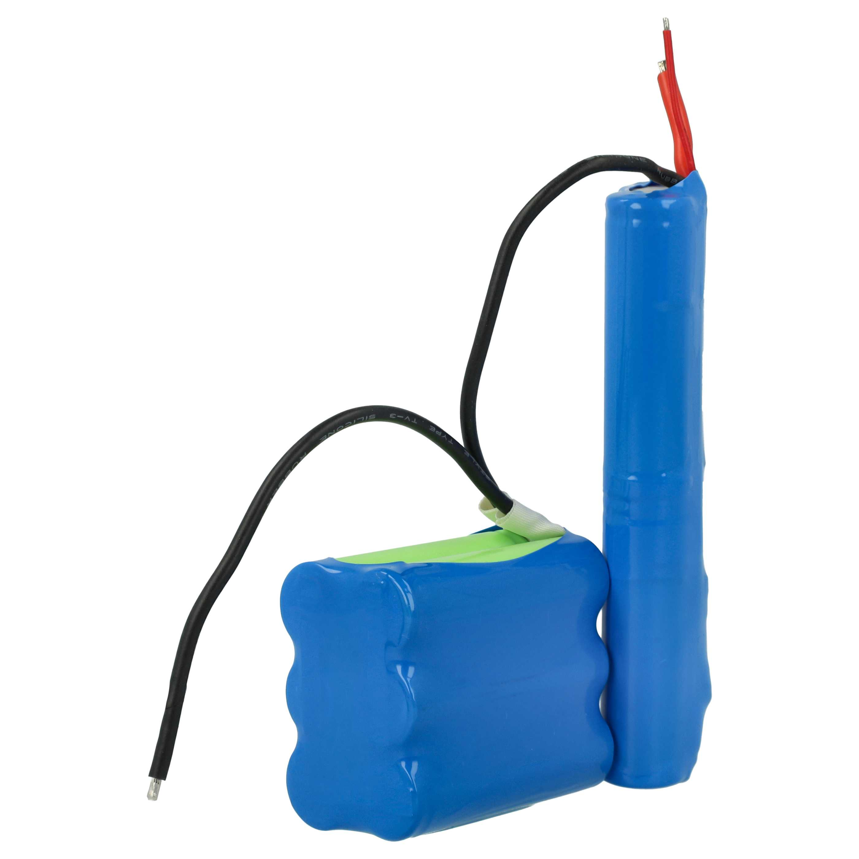Zwei blaue Batterien mit schwarzen Drähten und roten und weißen Drähten. Eine ist zylindrisch, die andere rechteckig.