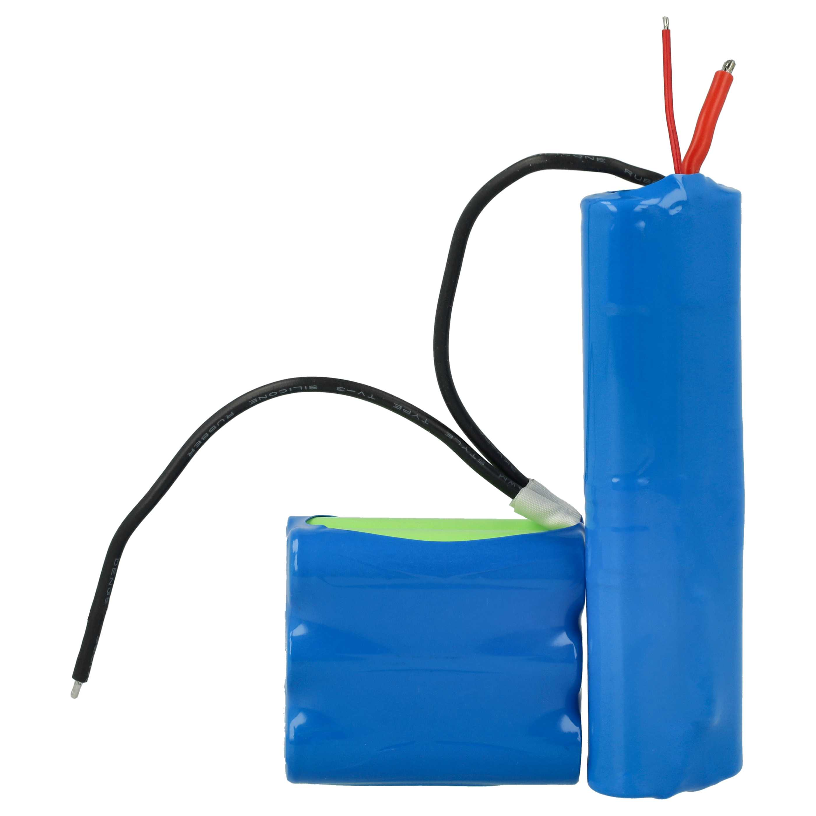 Zwei blaue Batterien mit schwarzen und roten Drähten vor weißem Hintergrund. Eine ist größer als die andere.