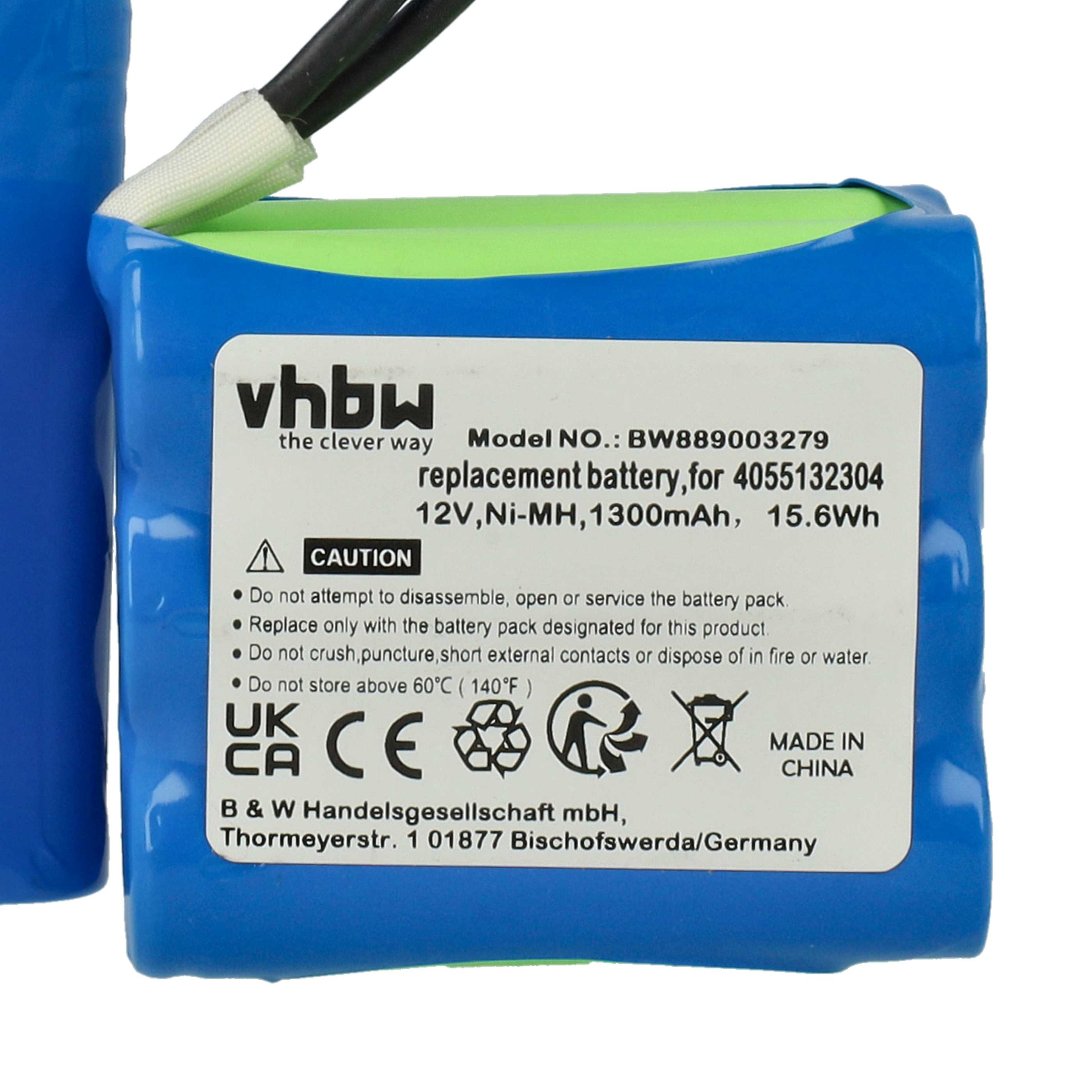 Blauer Akku mit Etikett, grüner Oberseite und schwarzen Drähten. Auf dem Etikett steht 'Ersatzbatterie' und Vorsichtsymbole.