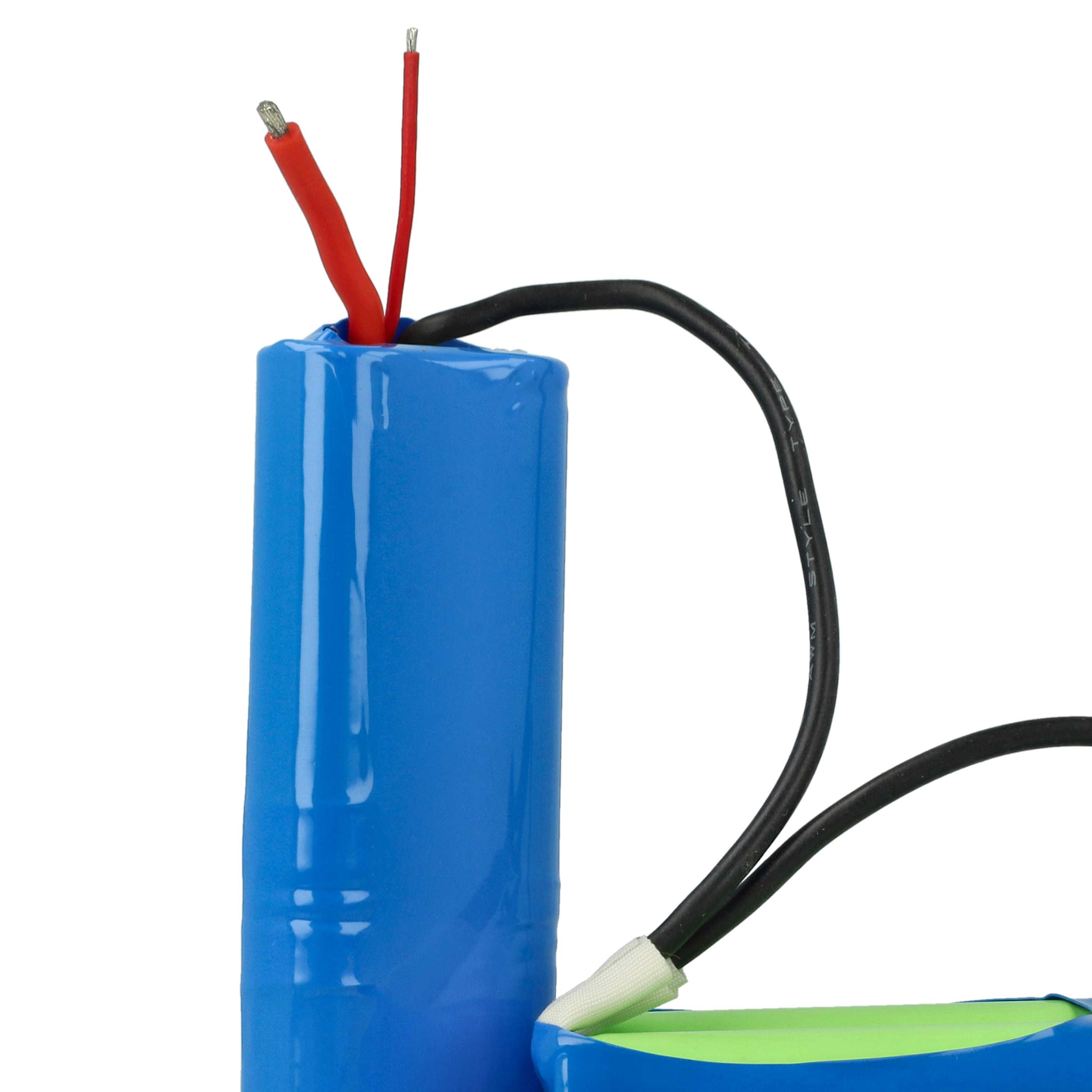 Ein blauer Zylinder mit roten und schwarzen Drähten erstreckt sich davon. Eine weitere Komponente ist mit weißem Klebeband und grünem Rand sichtbar.