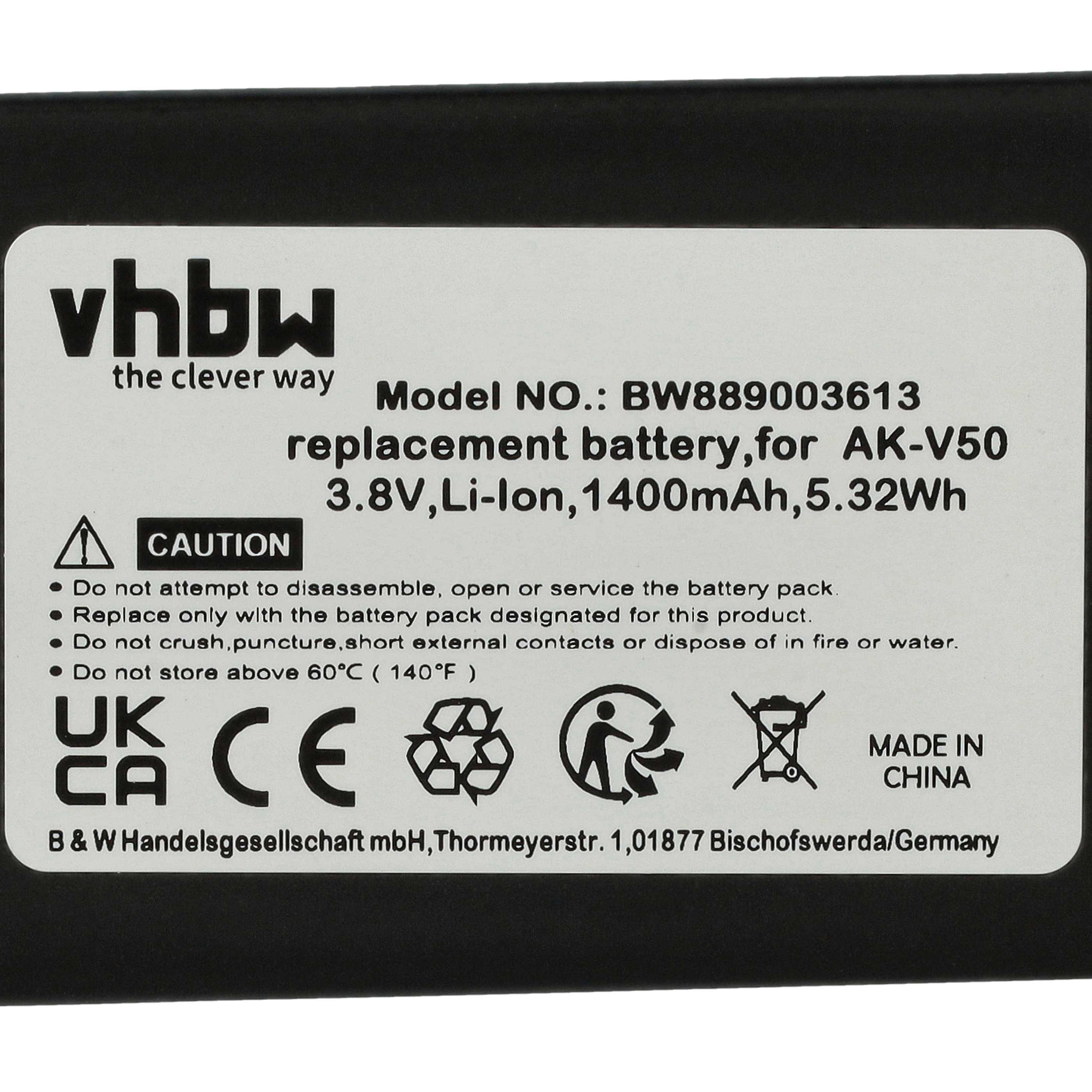 Ein Batterieetikett mit Text: "vhbw", Modellnummer und Warnhinweisen. Es ist schwarz-weiß mit Sicherheitssymbolen und Text.