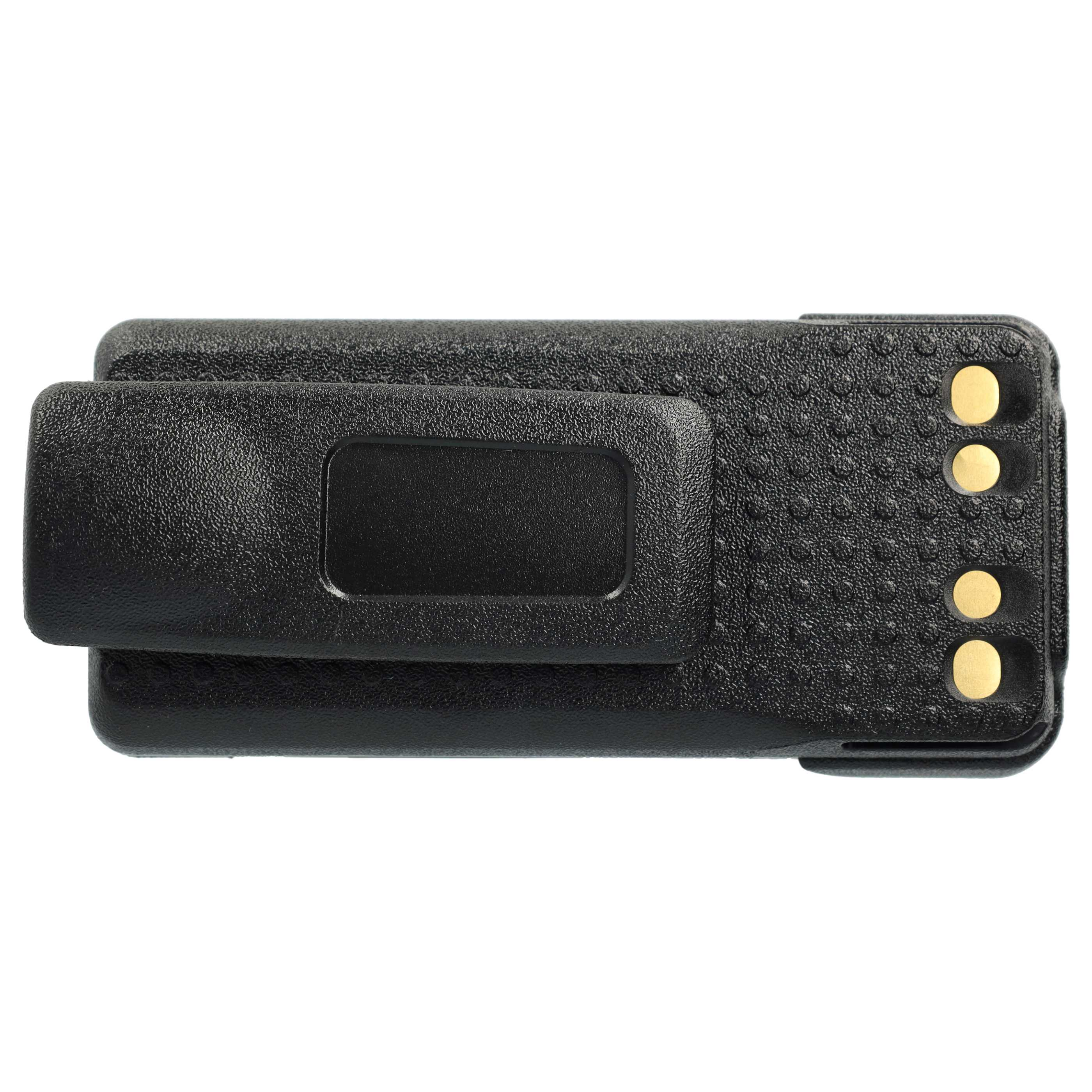 Schwarzer Kunststoff-Funkbatterie mit Gürtelclip, strukturierter Oberfläche und drei goldfarbenen Kontaktpunkten.