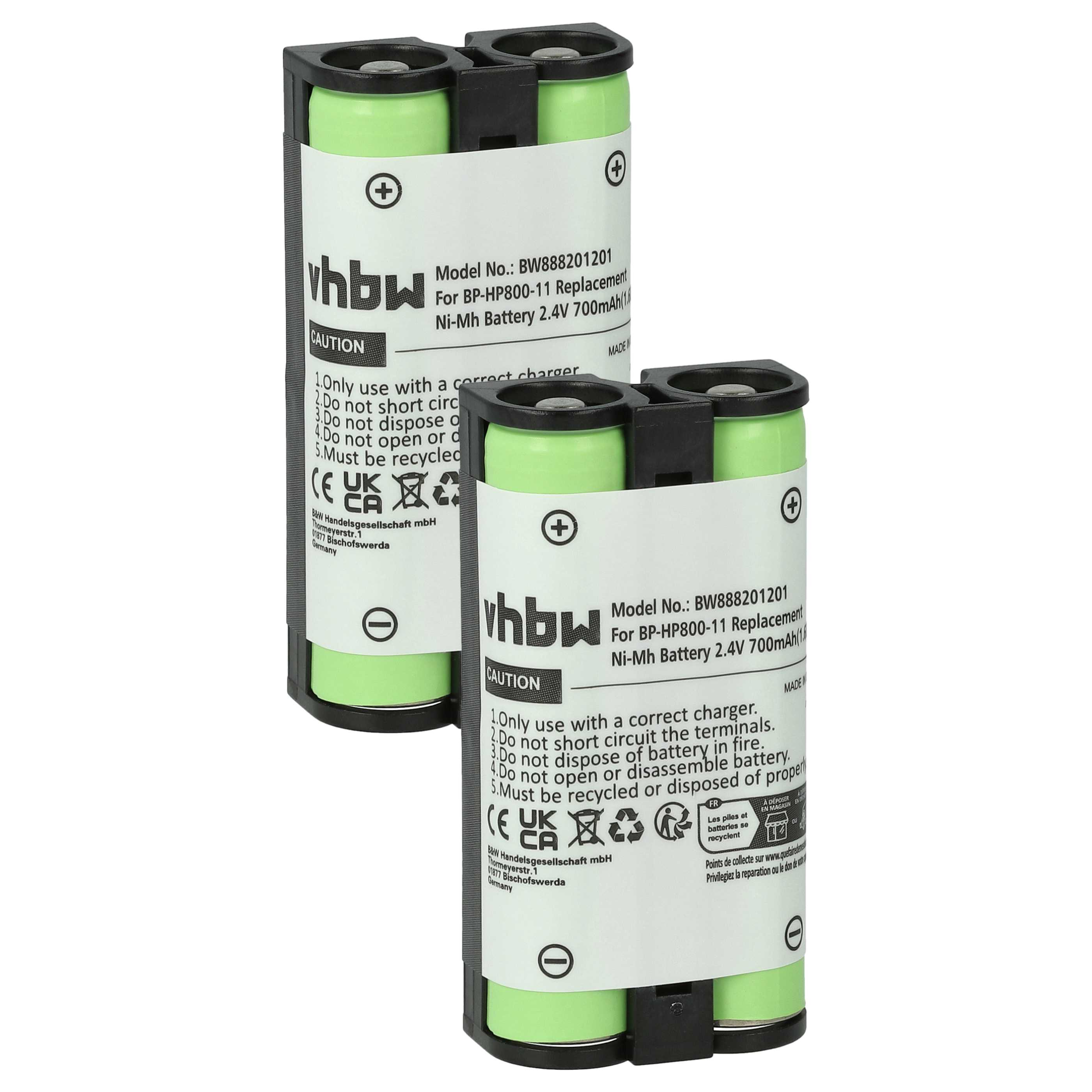 Zwei grüne Batterien in schwarzen Haltern mit weißen Etiketten. Etiketten mit Text und Symbolen.