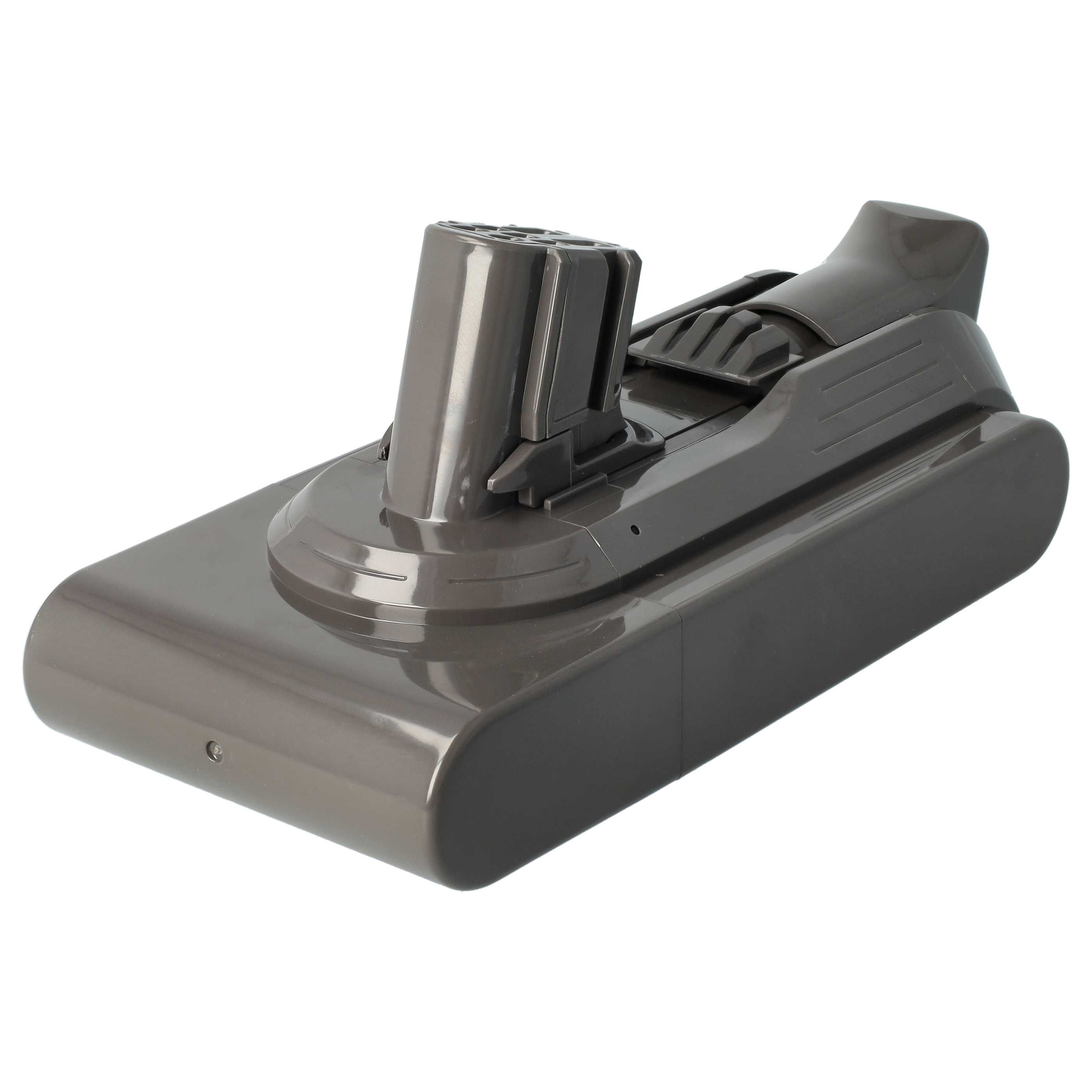 Ein graues Dyson-Staubsauger-Akkupack. Es hat eine rechteckige Basis, abgerundete Kanten und eine Oberseite mit einem Anschluss.