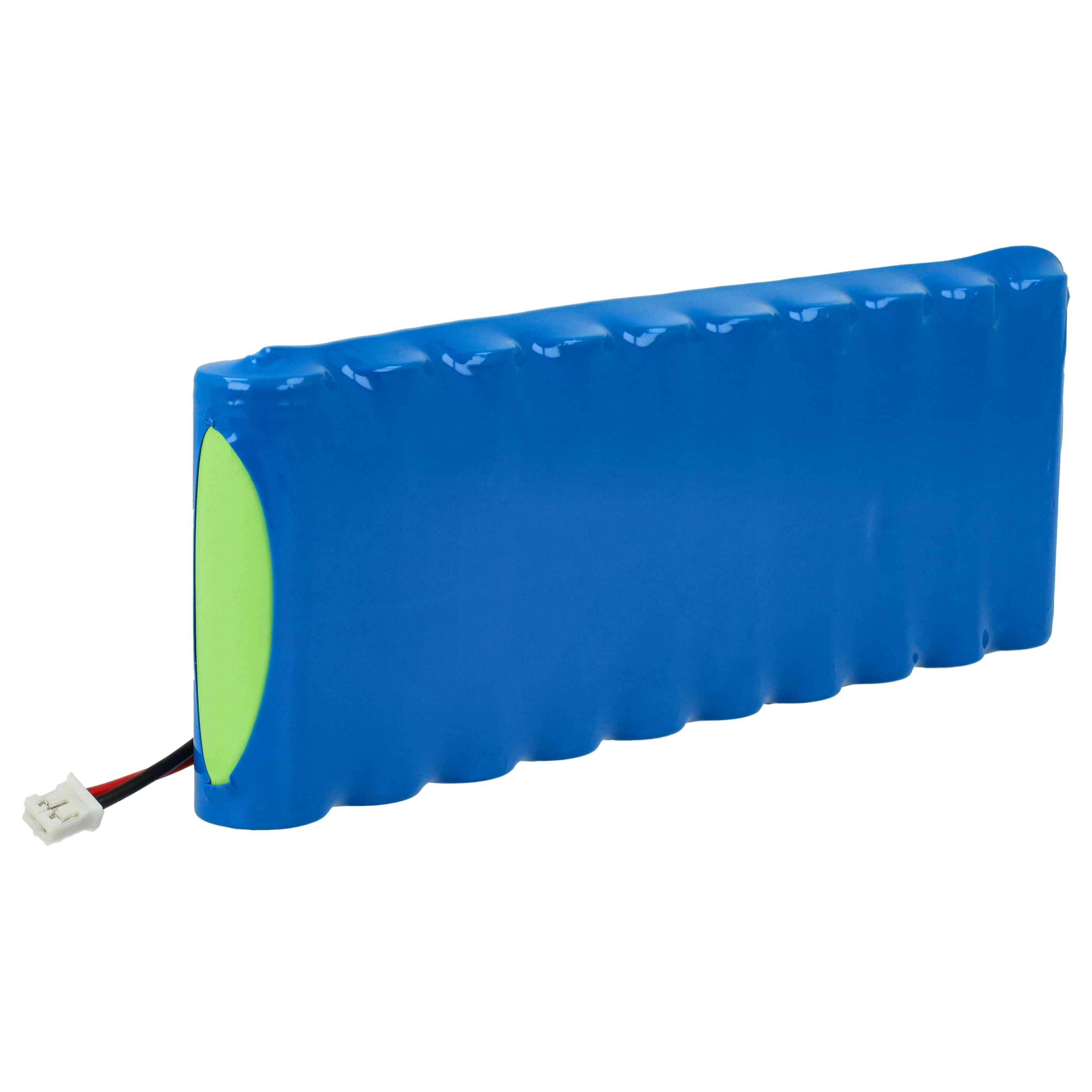 Ein blaues Batteriepack mit einem grünen Ende und einem weißen Anschluss. Der Hintergrund ist weiß.