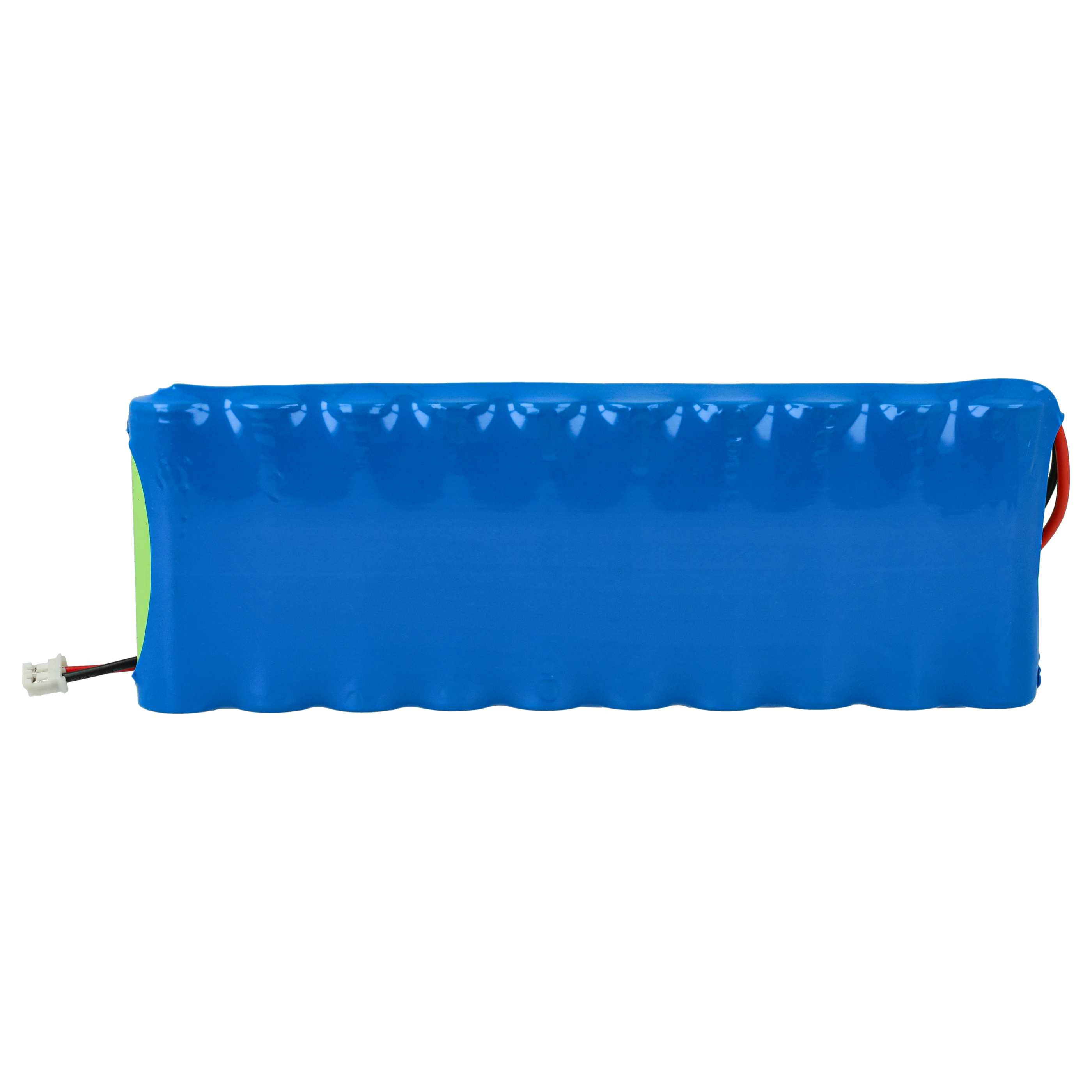 Ein rechteckiges blaues Batteriepack mit Drähten und Stecker. Grün und Gelb sind an den Enden sichtbar, isoliert auf Weiß.